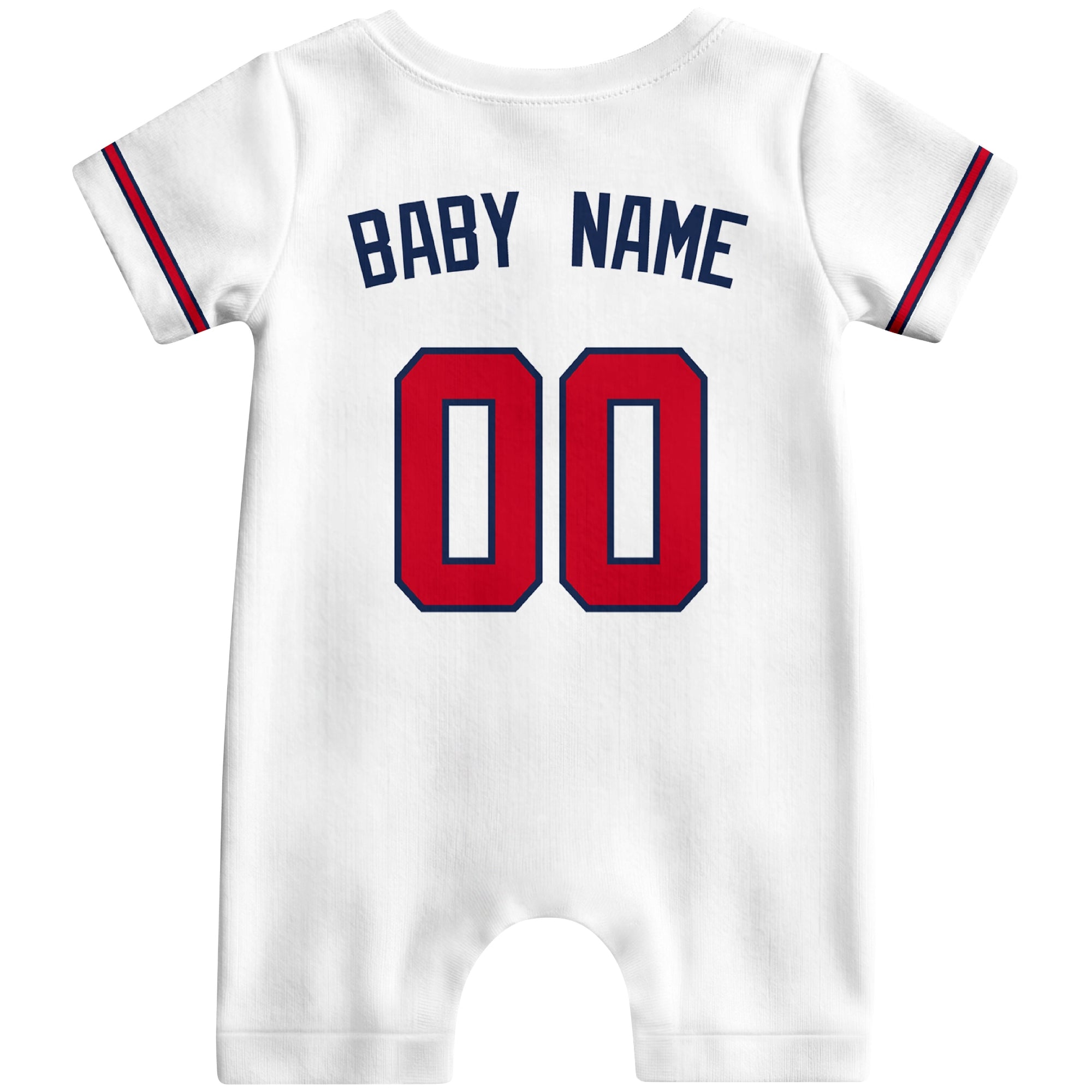 Back view of red custom baby romper with personalized name and number