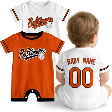 Baltimore Baby wearing custom baseball-style romper in orange and black with personalized name and number, shown beside two additional sporty color variations