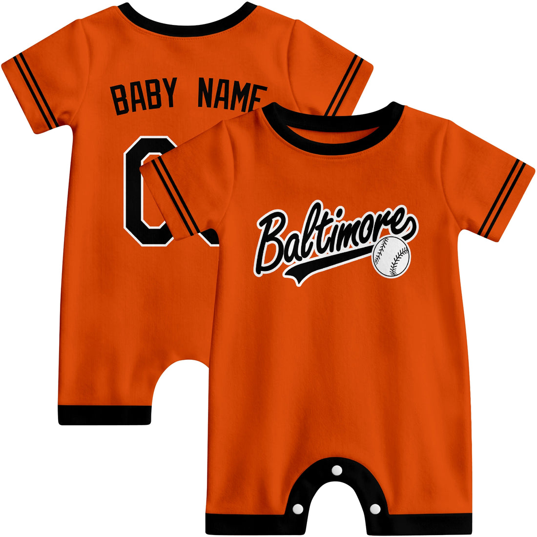 Baltimore Baby wearing custom baseball-style romper in orange and black with personalized name and number, shown beside two additional sporty color variations