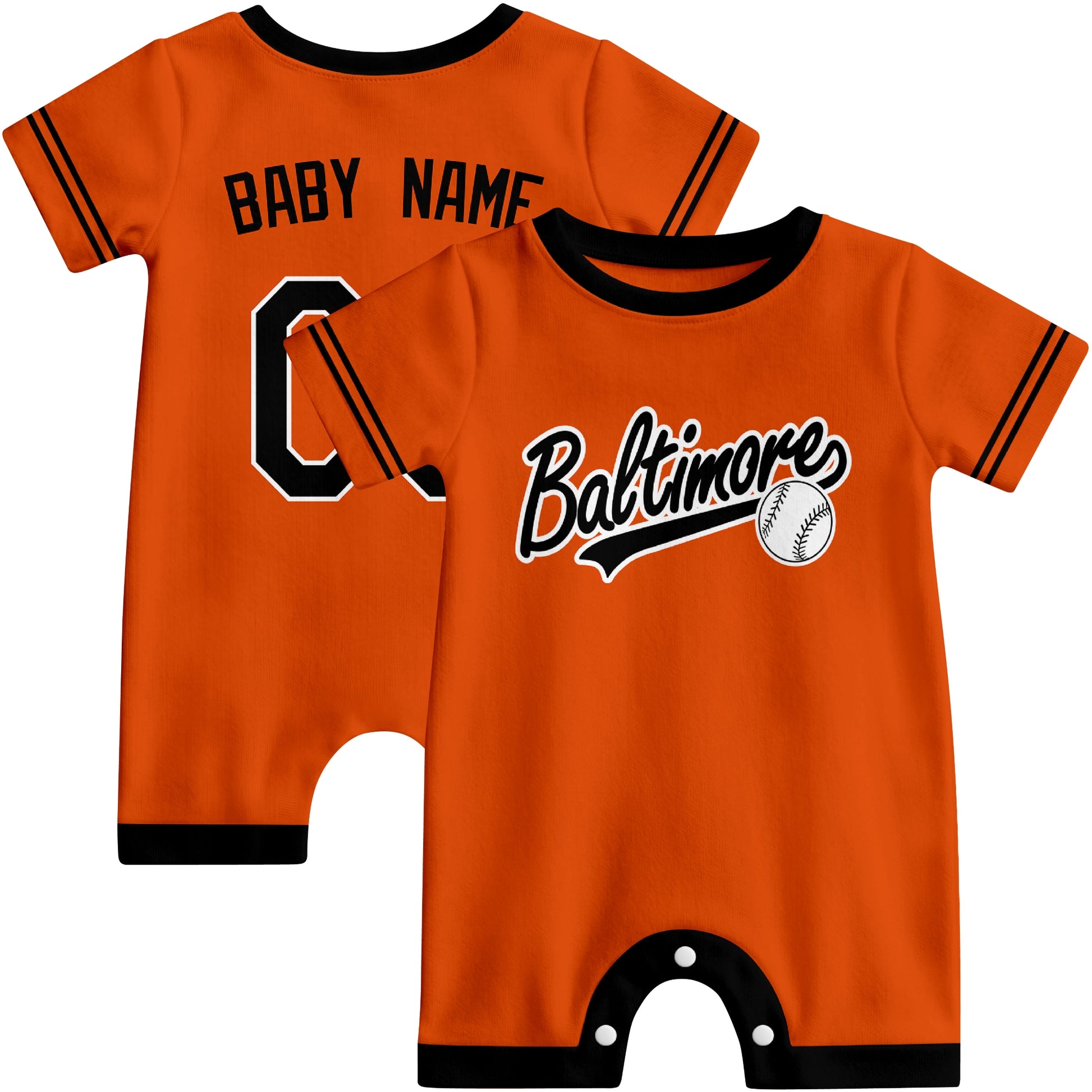 Front and back view of orange and black custom baseball-style baby romper