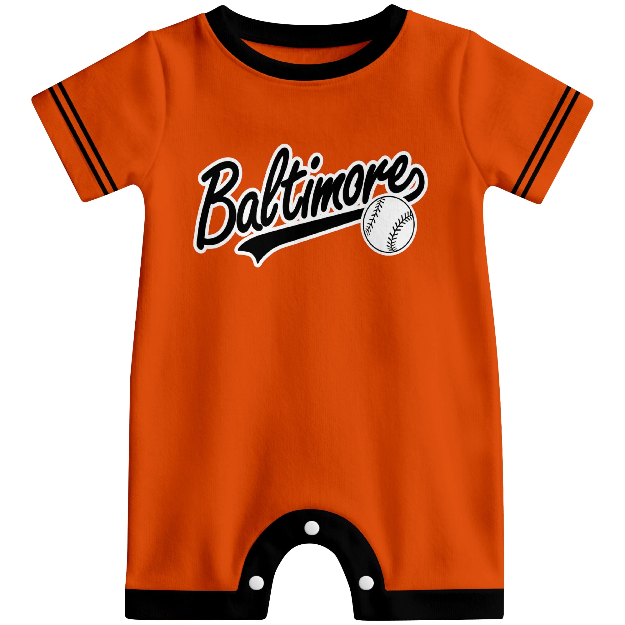 Front view of orange custom baseball-style baby romper with team-inspired text design