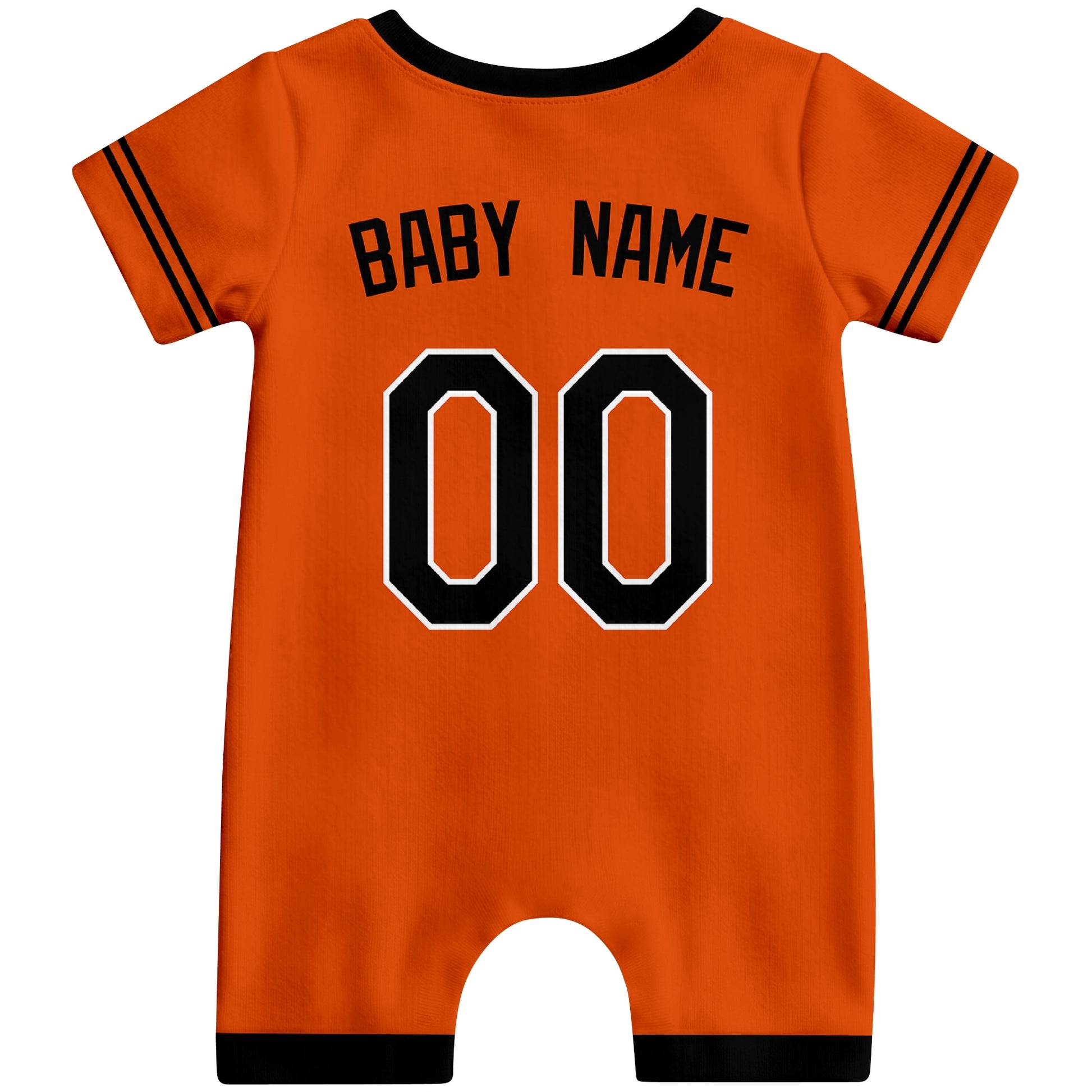 Back view of orange custom baby romper with personalized name and number