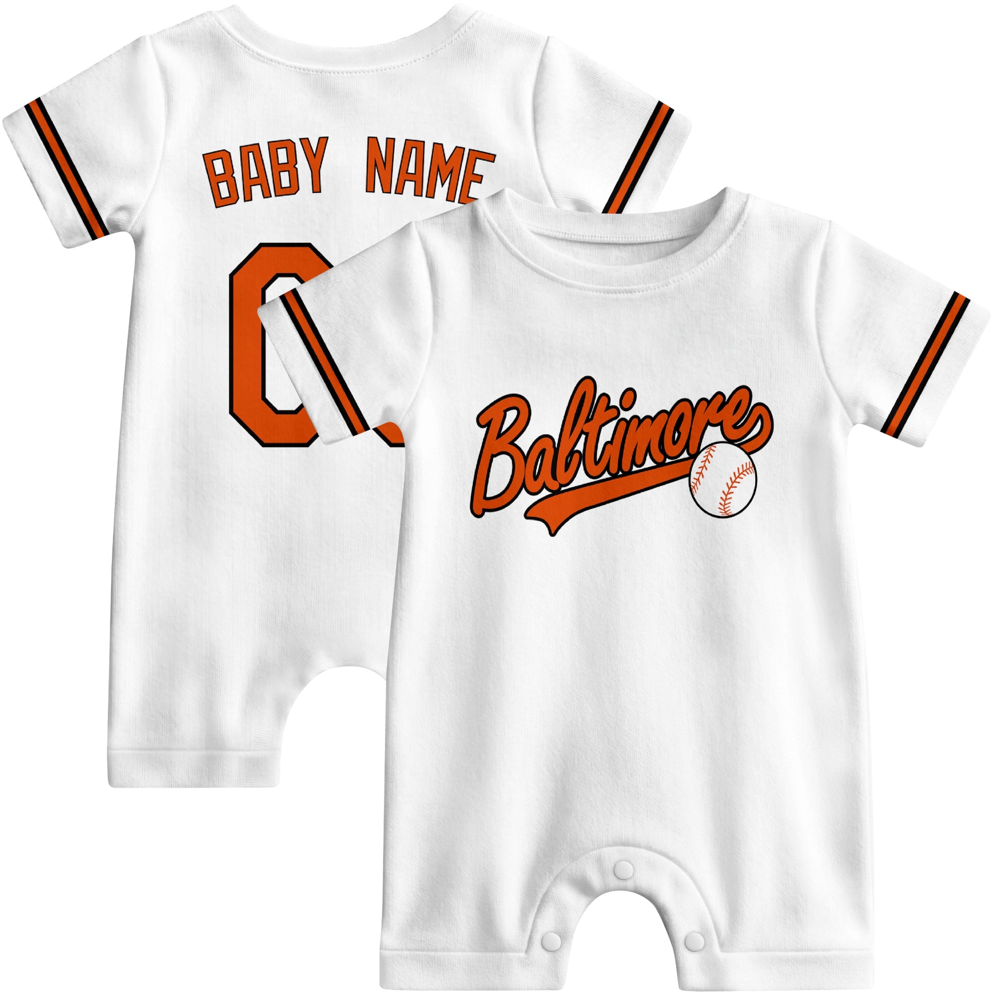 Front and back view of black custom baseball-style baby romper