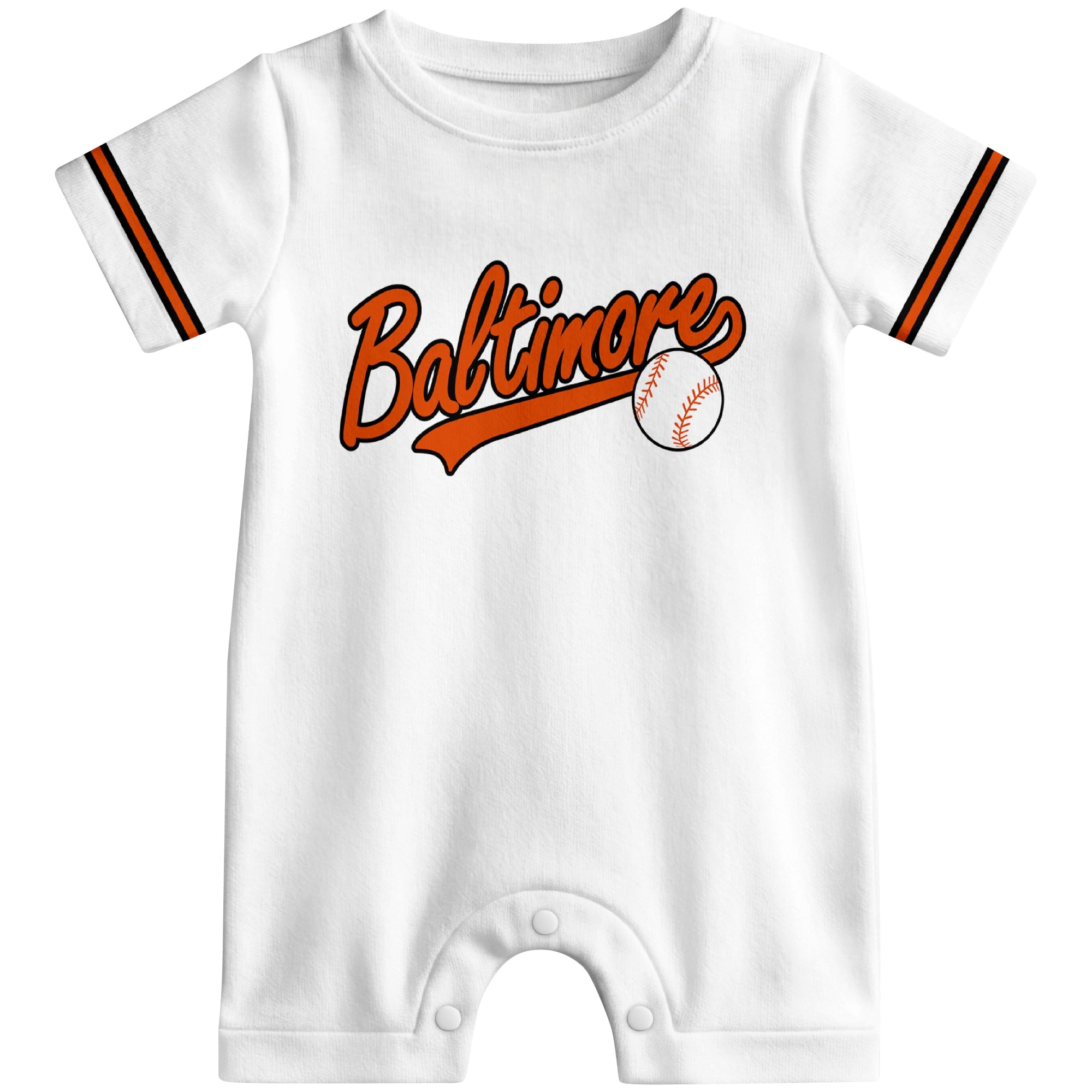 Front view of black custom baseball-style baby romper with team-inspired text design