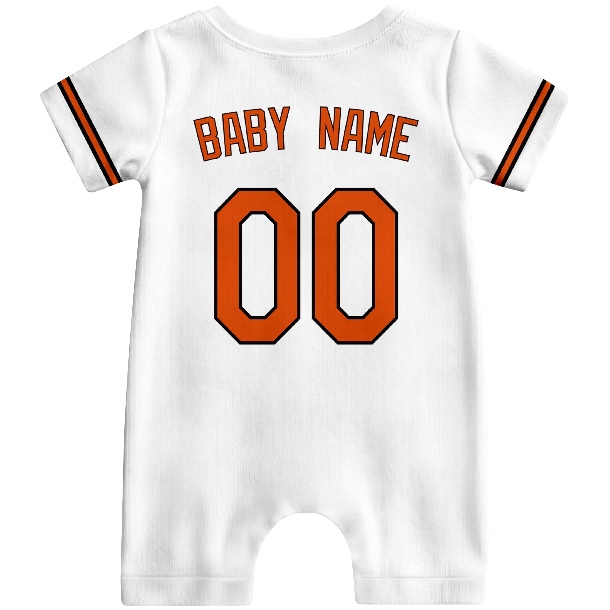 Back view of black custom baby romper with personalized name and number