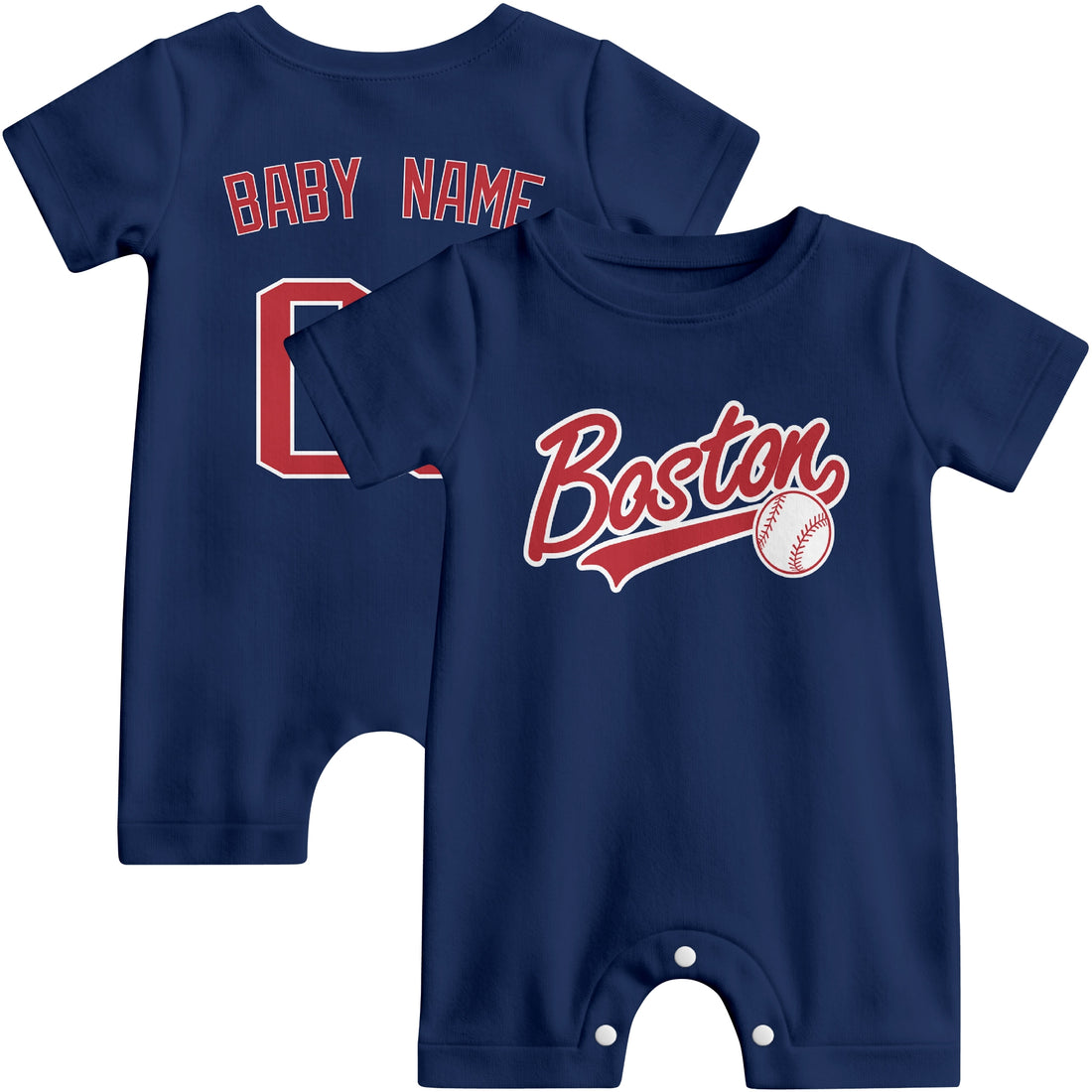 Boston Baby wearing custom baseball-style romper in red and navy with personalized name and number, shown beside two additional sporty color variations