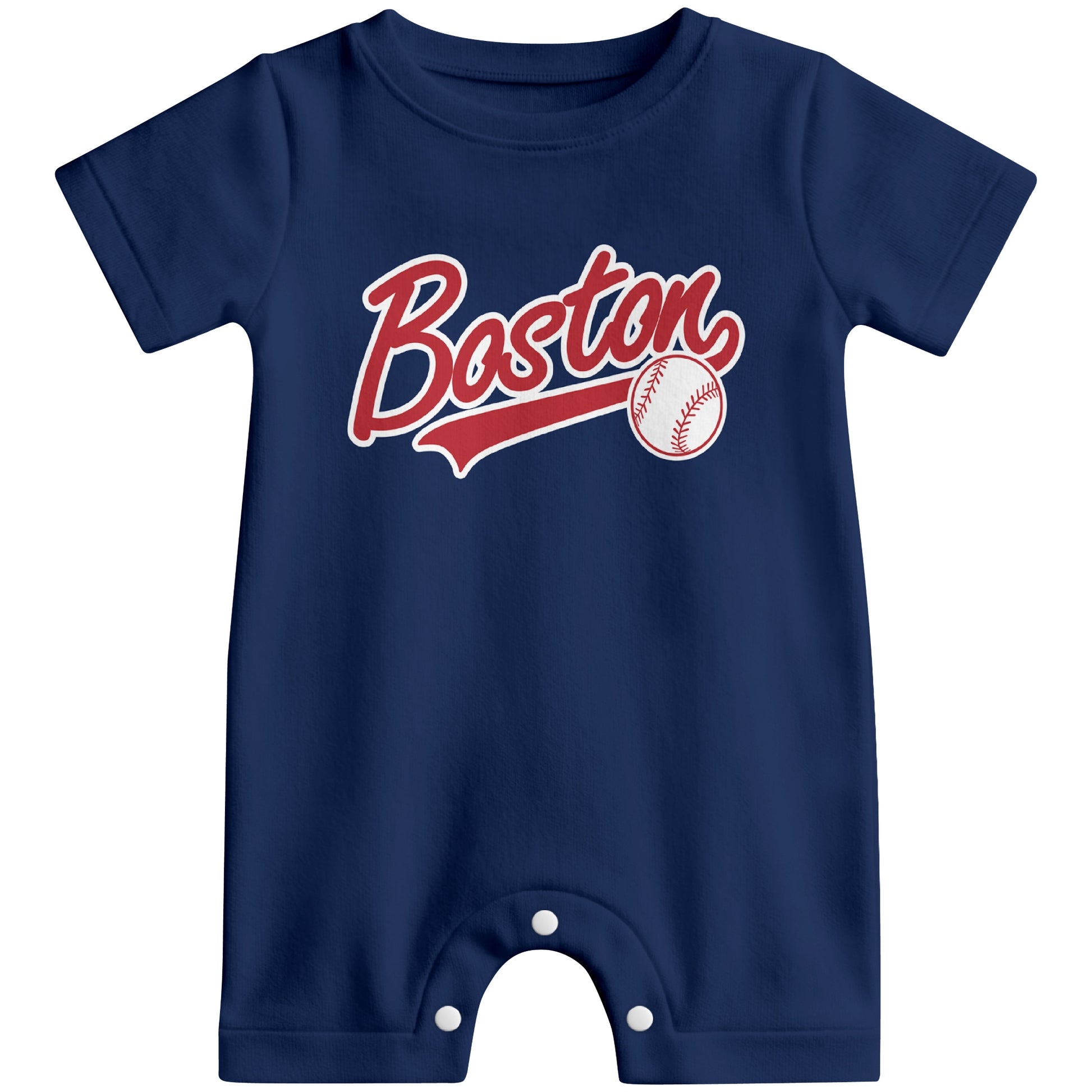 Front view of red custom baseball-style baby romper with team-inspired text design