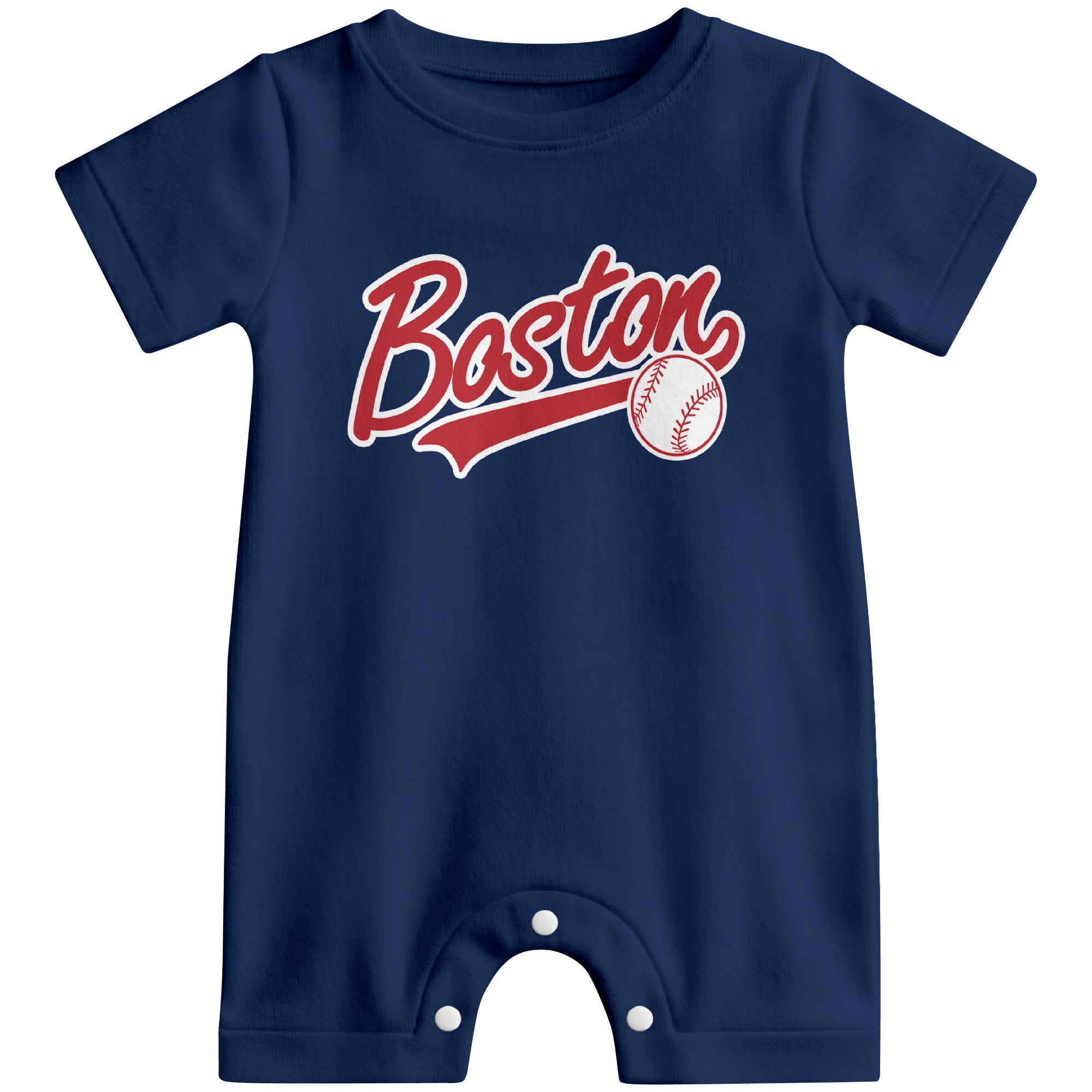 Front view of red custom baseball-style baby romper with team-inspired text design