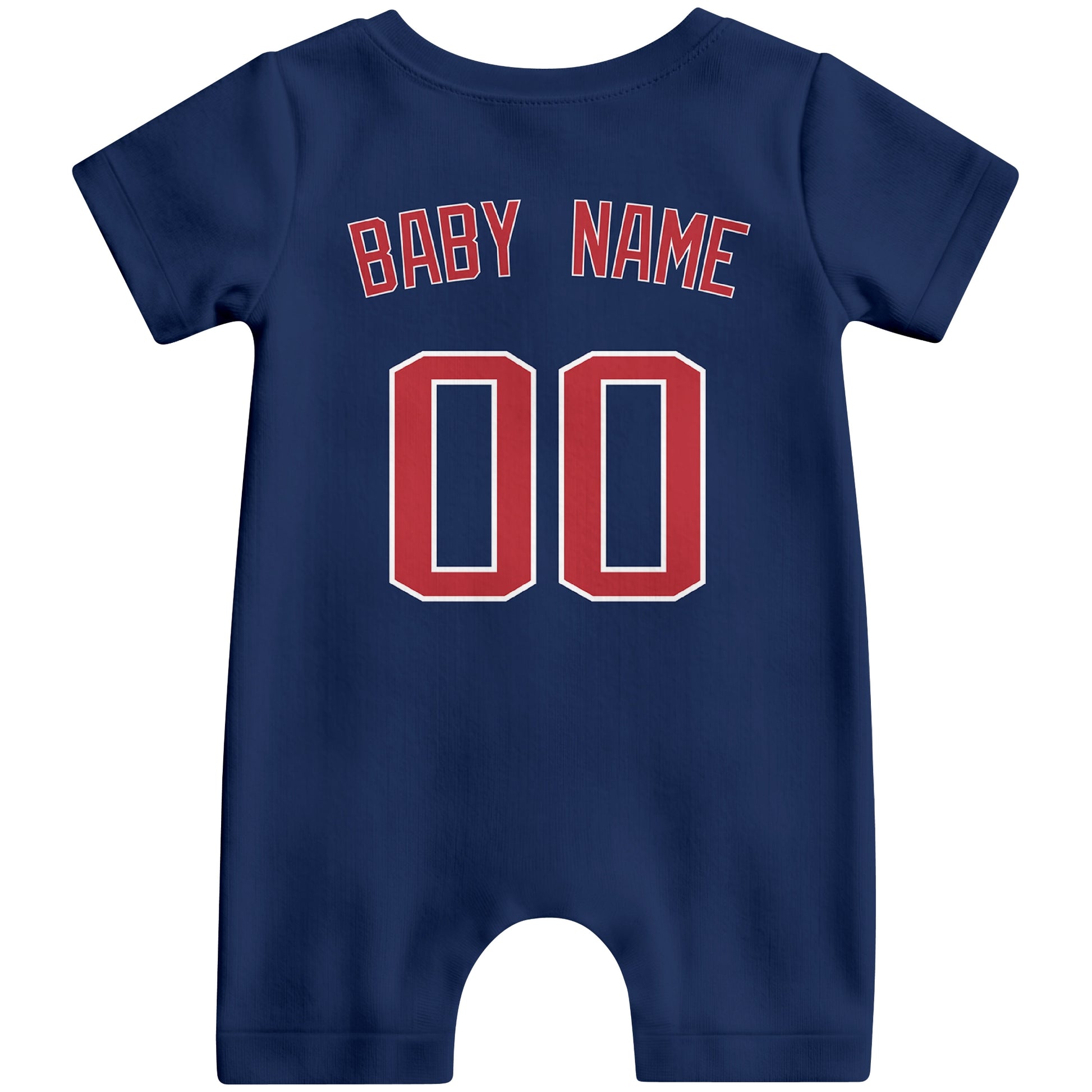 Back view of red custom baby romper with personalized name and number