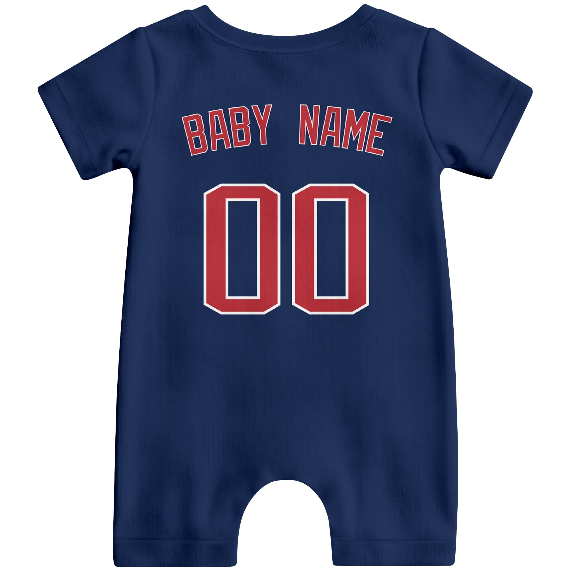Back view of red custom baby romper with personalized name and number