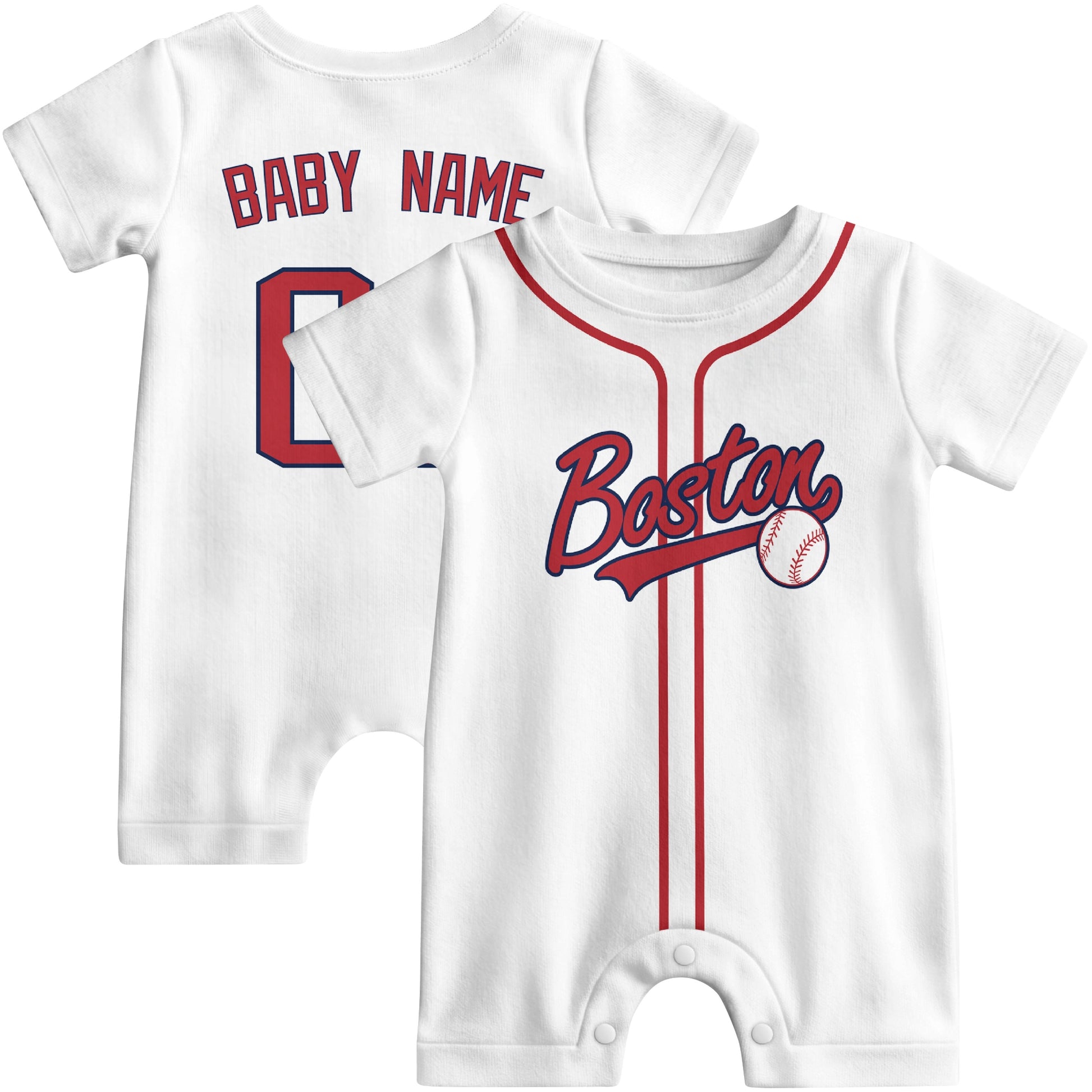 Front and back view of navy custom baseball-style baby romper