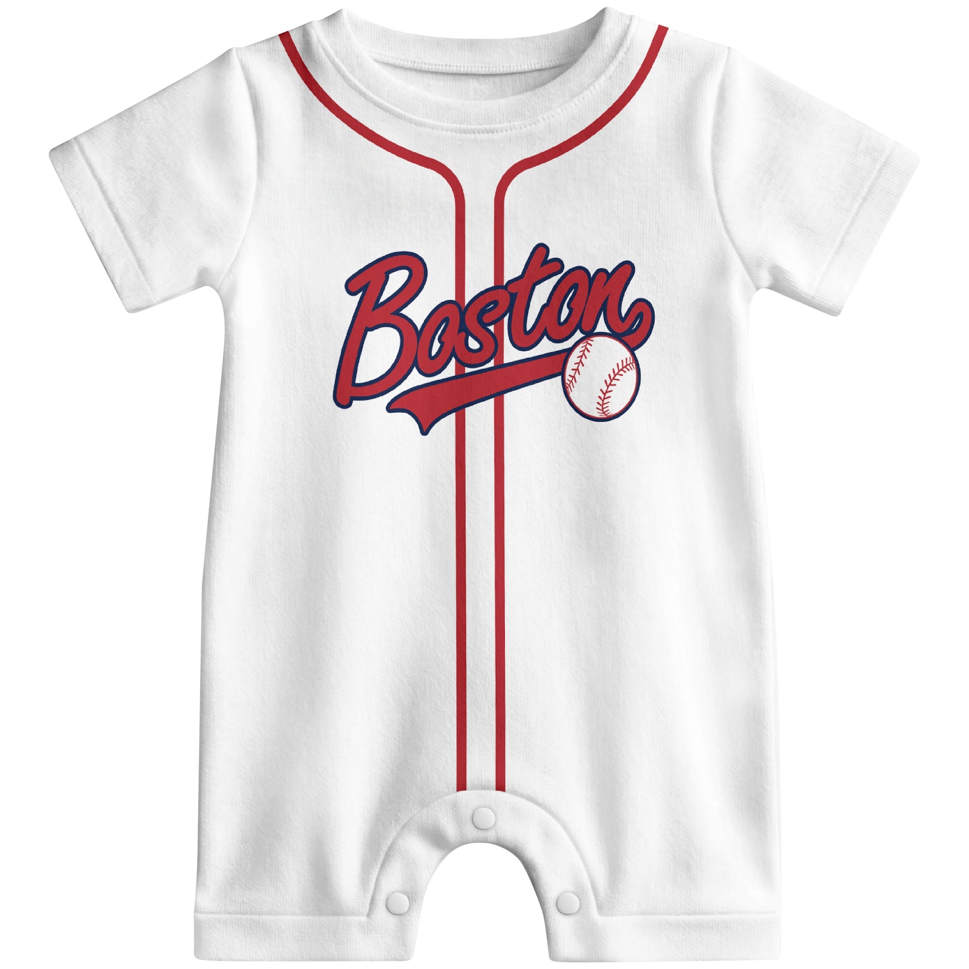 Front view of navy custom baseball-style baby romper with team-inspired text design