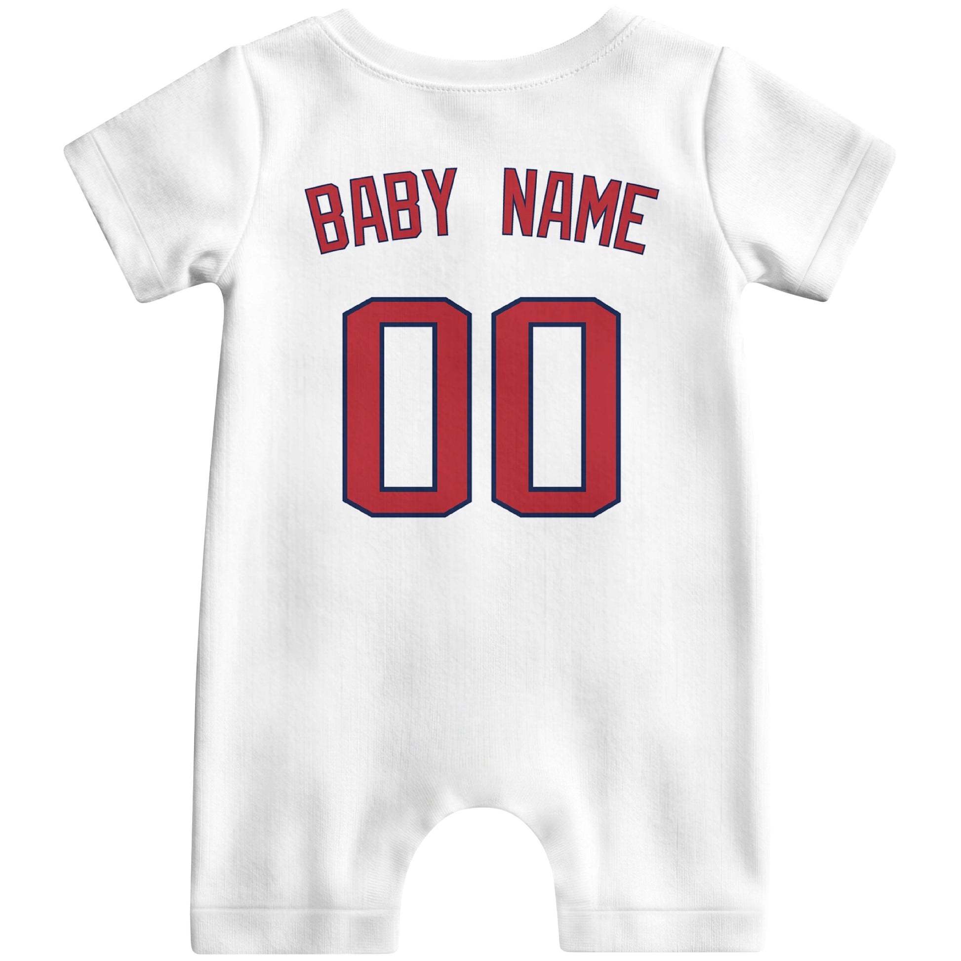 Back view of navy custom baby romper with personalized name and number