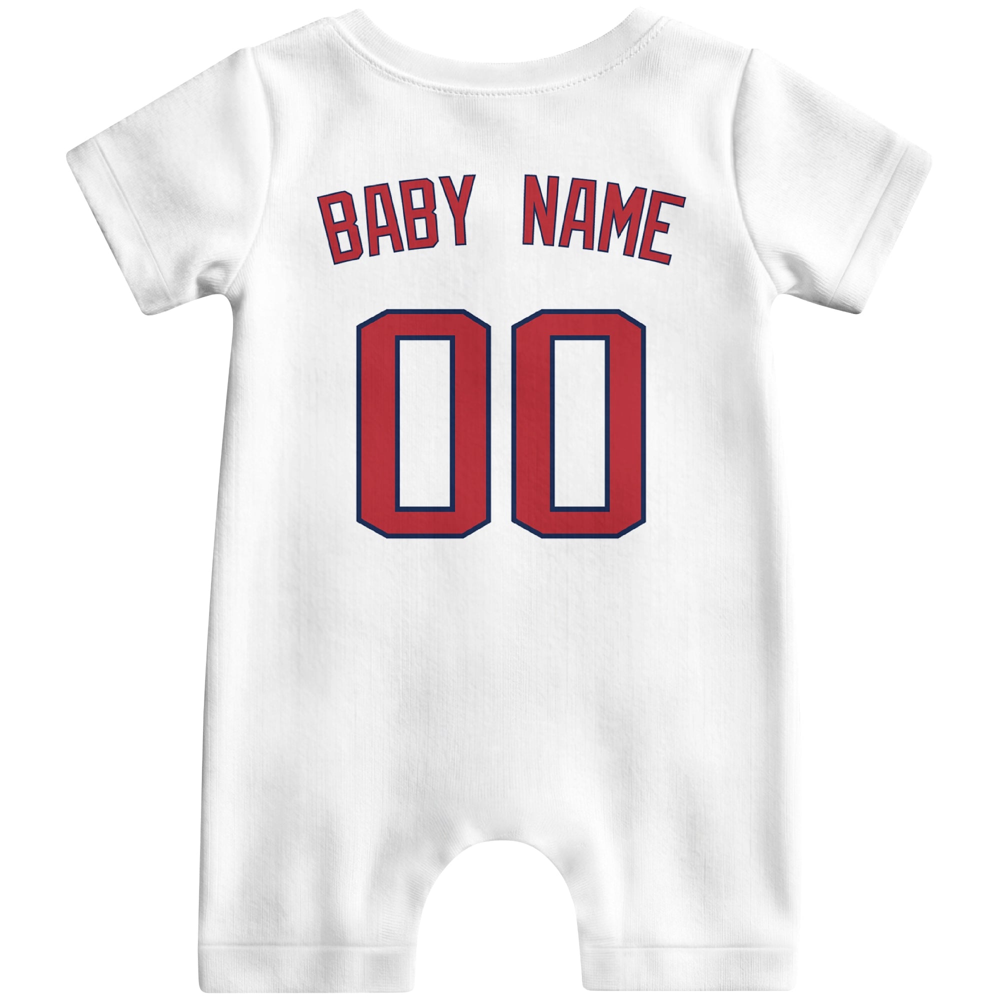 Back view of navy custom baby romper with personalized name and number