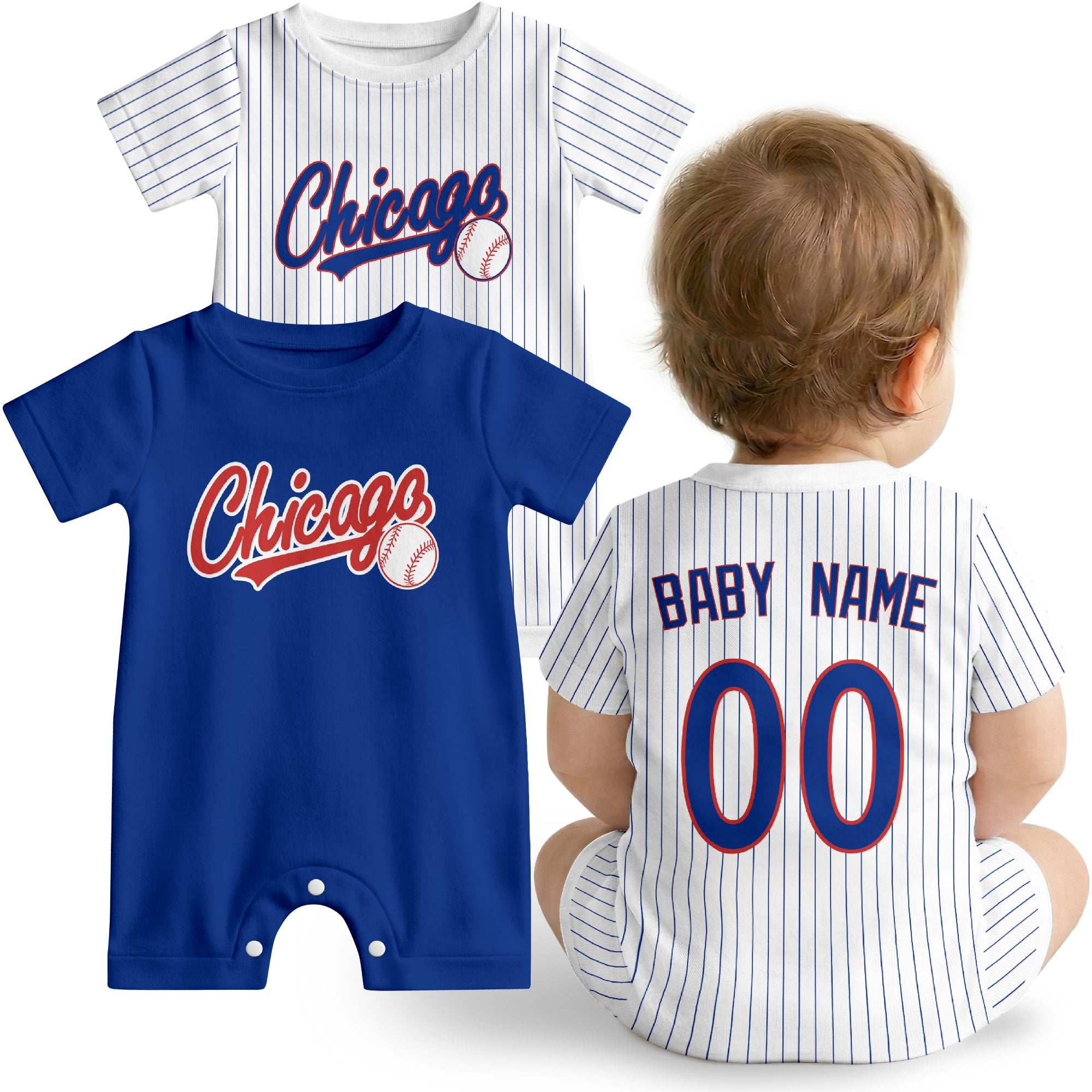 Chicago C Baby wearing custom baseball-style romper in royal blue and red with personalized name and number, shown beside two additional sporty color variations