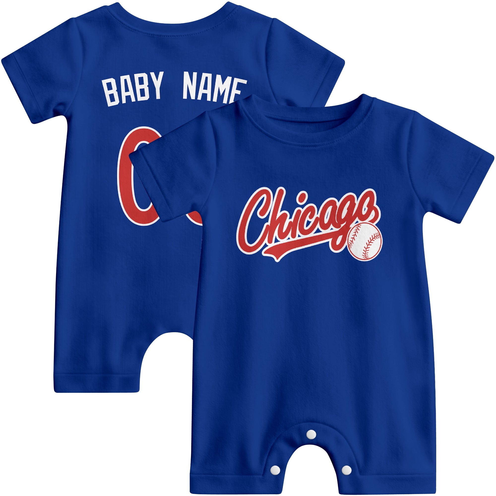 Front and back view of royal blue and red custom baseball-style baby romper