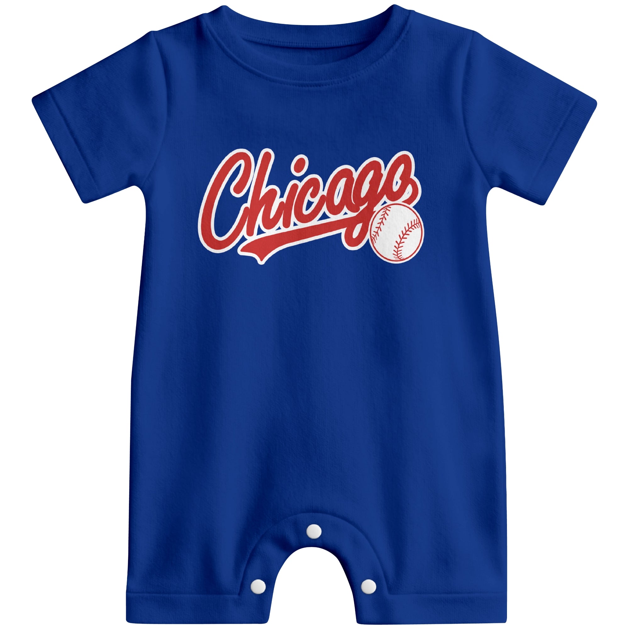 Front view of royal blue custom baseball-style baby romper with team-inspired text design