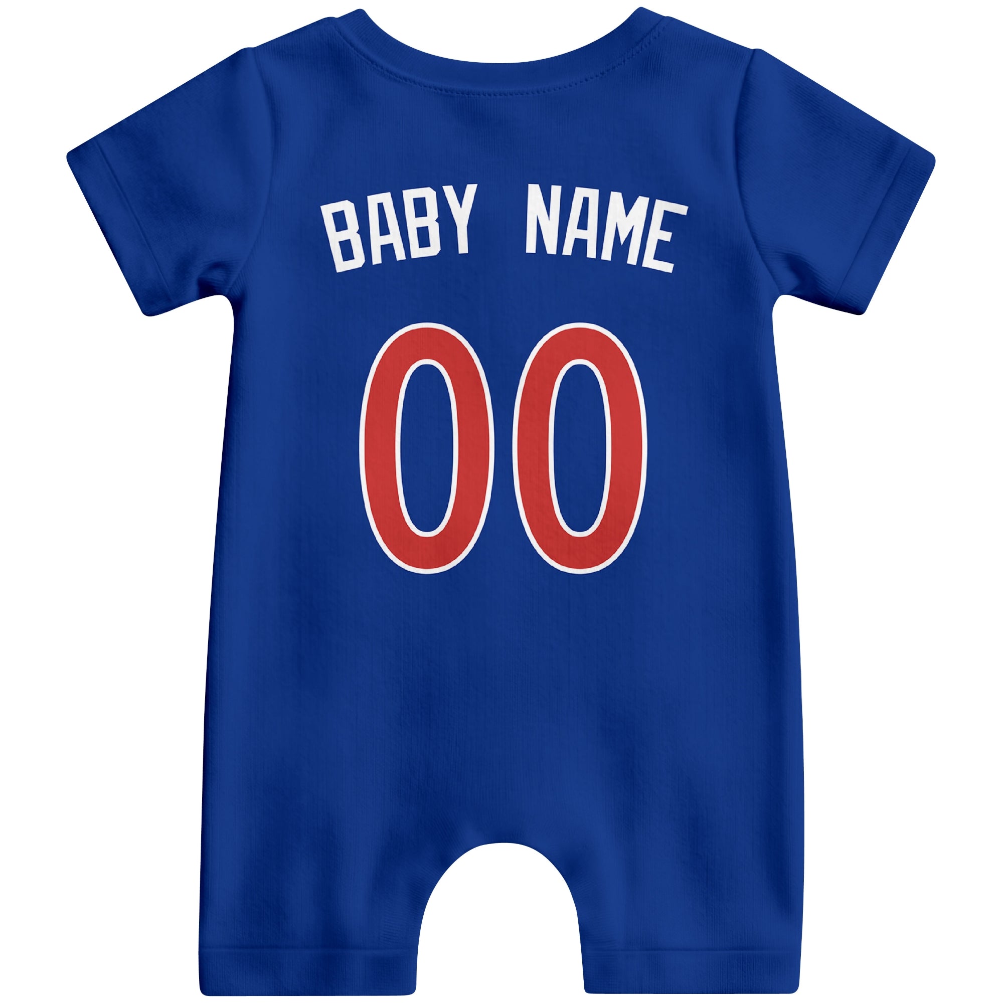 Back view of royal blue custom baby romper with personalized name and number