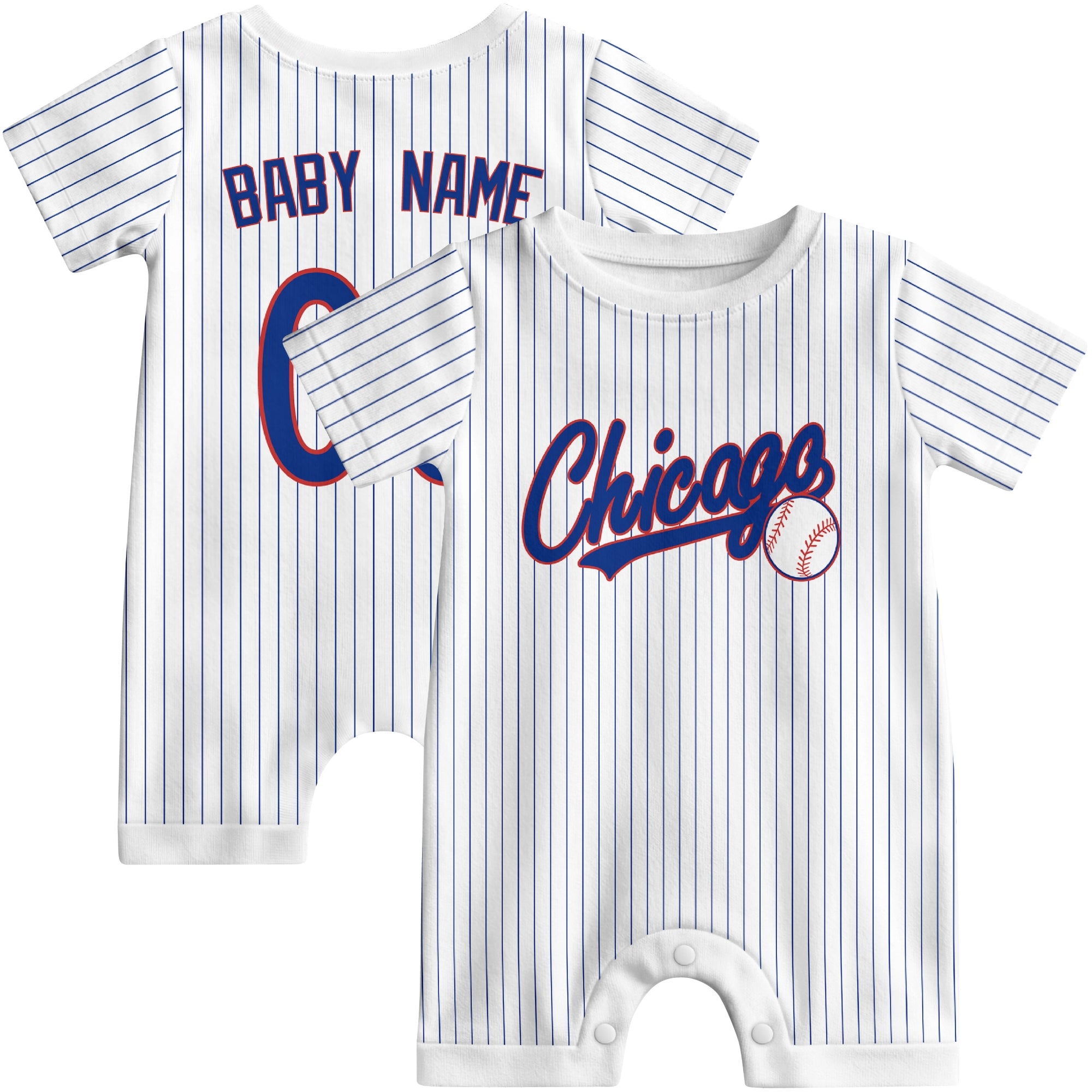Front and back view of red custom baseball-style baby romper