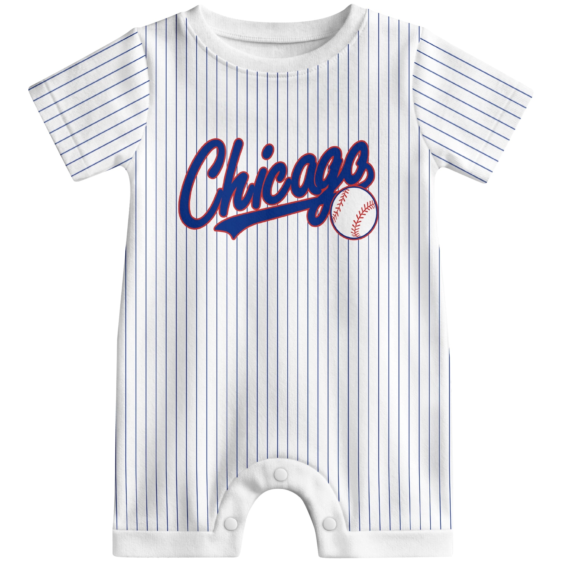 Front view of red custom baseball-style baby romper with team-inspired text design