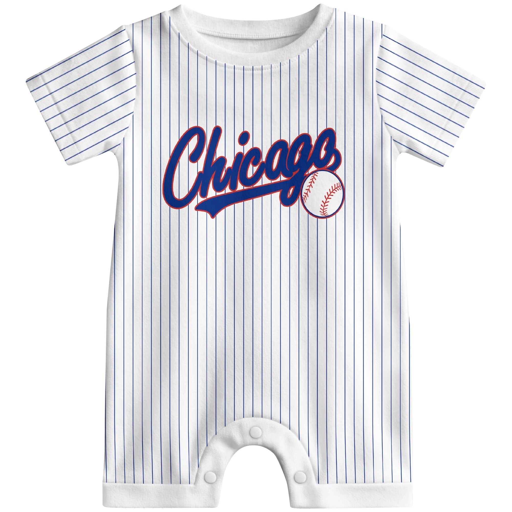 Front view of red custom baseball-style baby romper with team-inspired text design