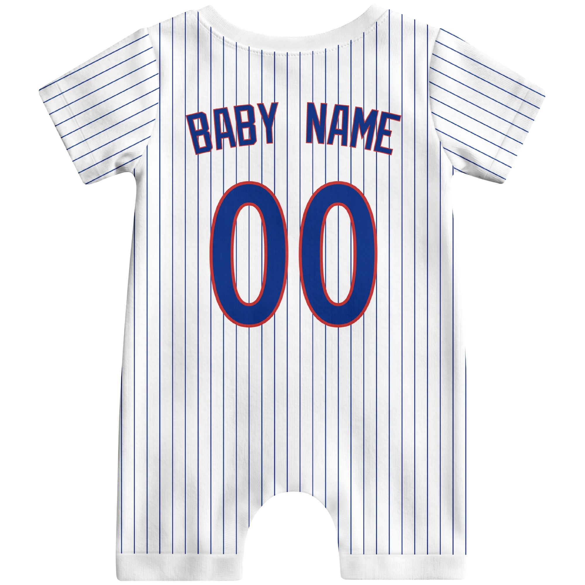 Back view of red custom baby romper with personalized name and number