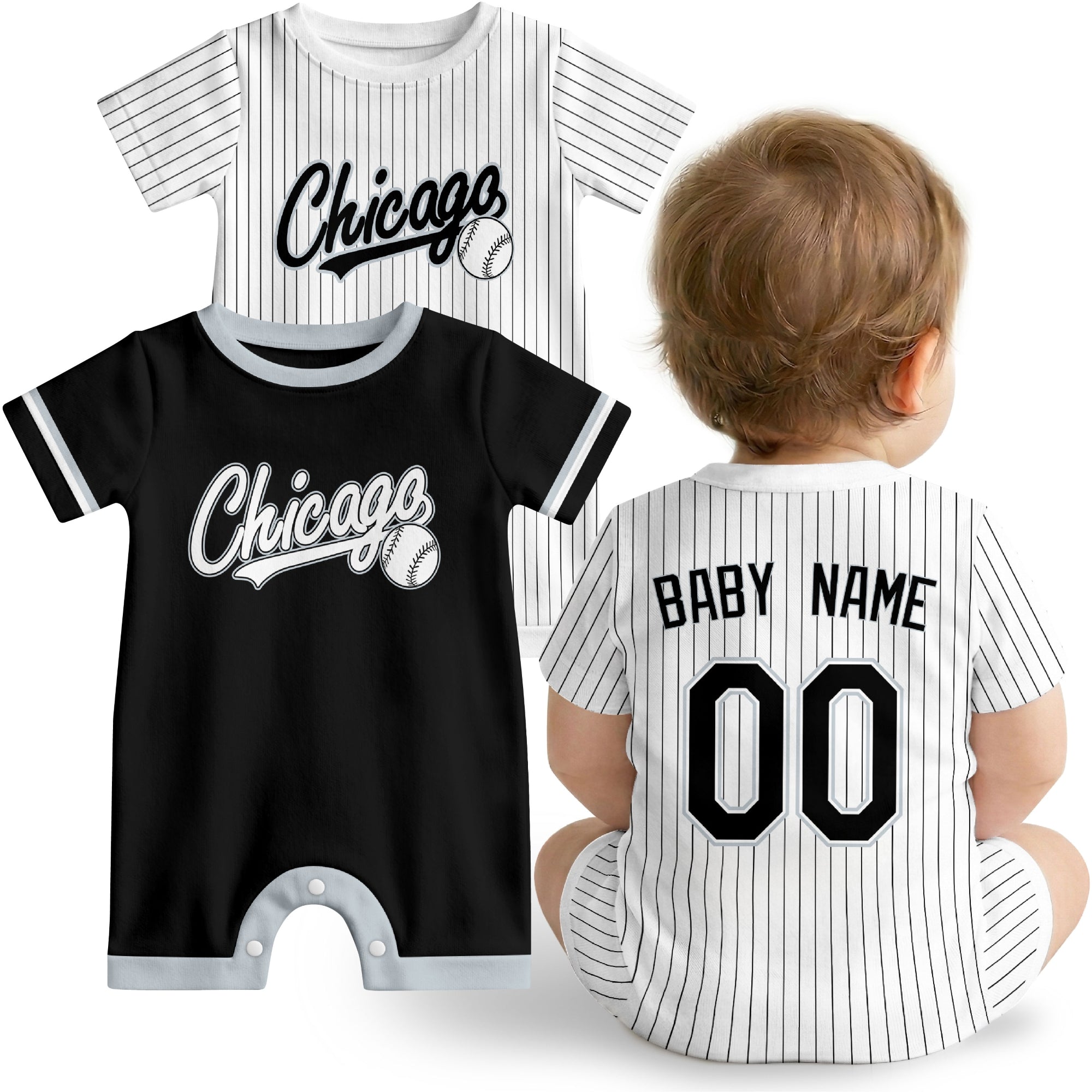 Chicago S Baby wearing custom baseball-style romper in black and white with personalized name and number, shown beside two additional sporty color variations