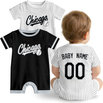 Chicago S Baby wearing custom baseball-style romper in black and white with personalized name and number, shown beside two additional sporty color variations
