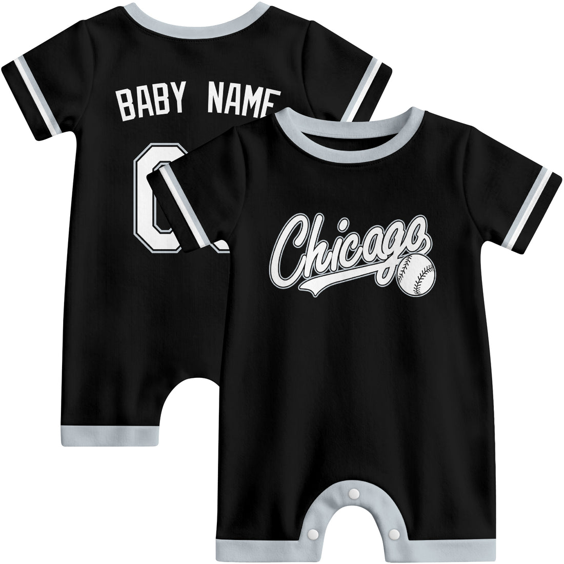 Chicago S Baby wearing custom baseball-style romper in black and white with personalized name and number, shown beside two additional sporty color variations