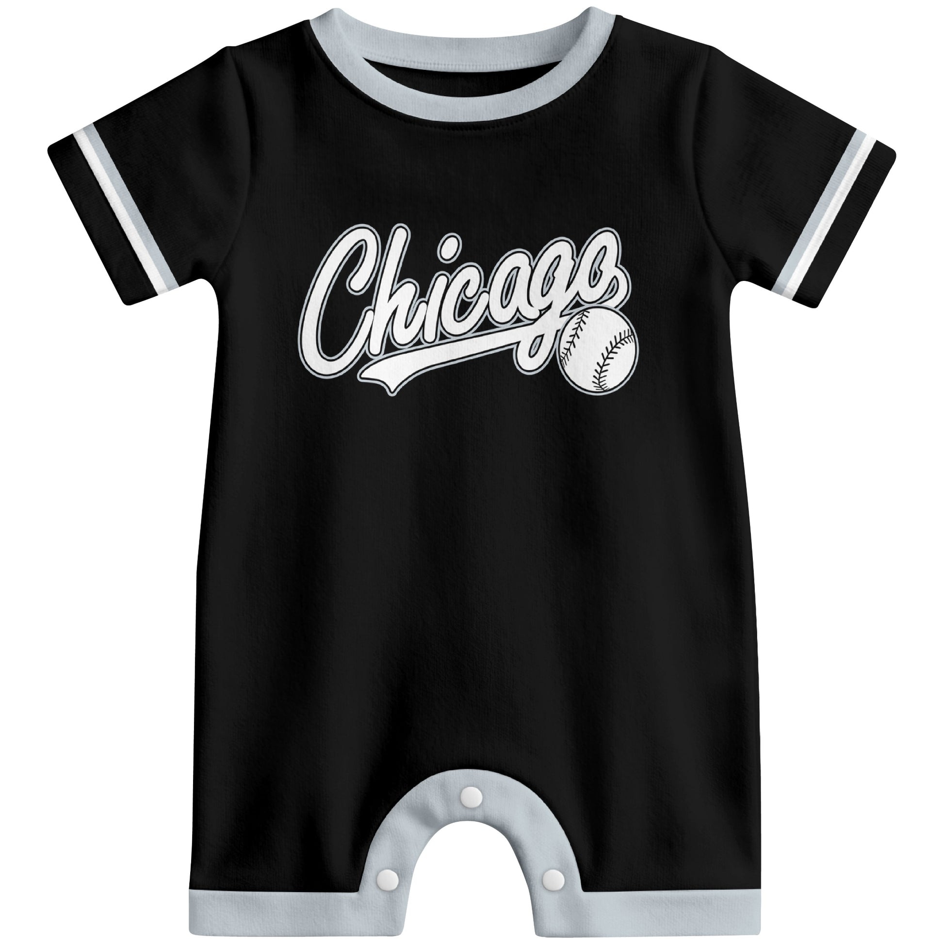 Front view of black custom baseball-style baby romper with team-inspired text design