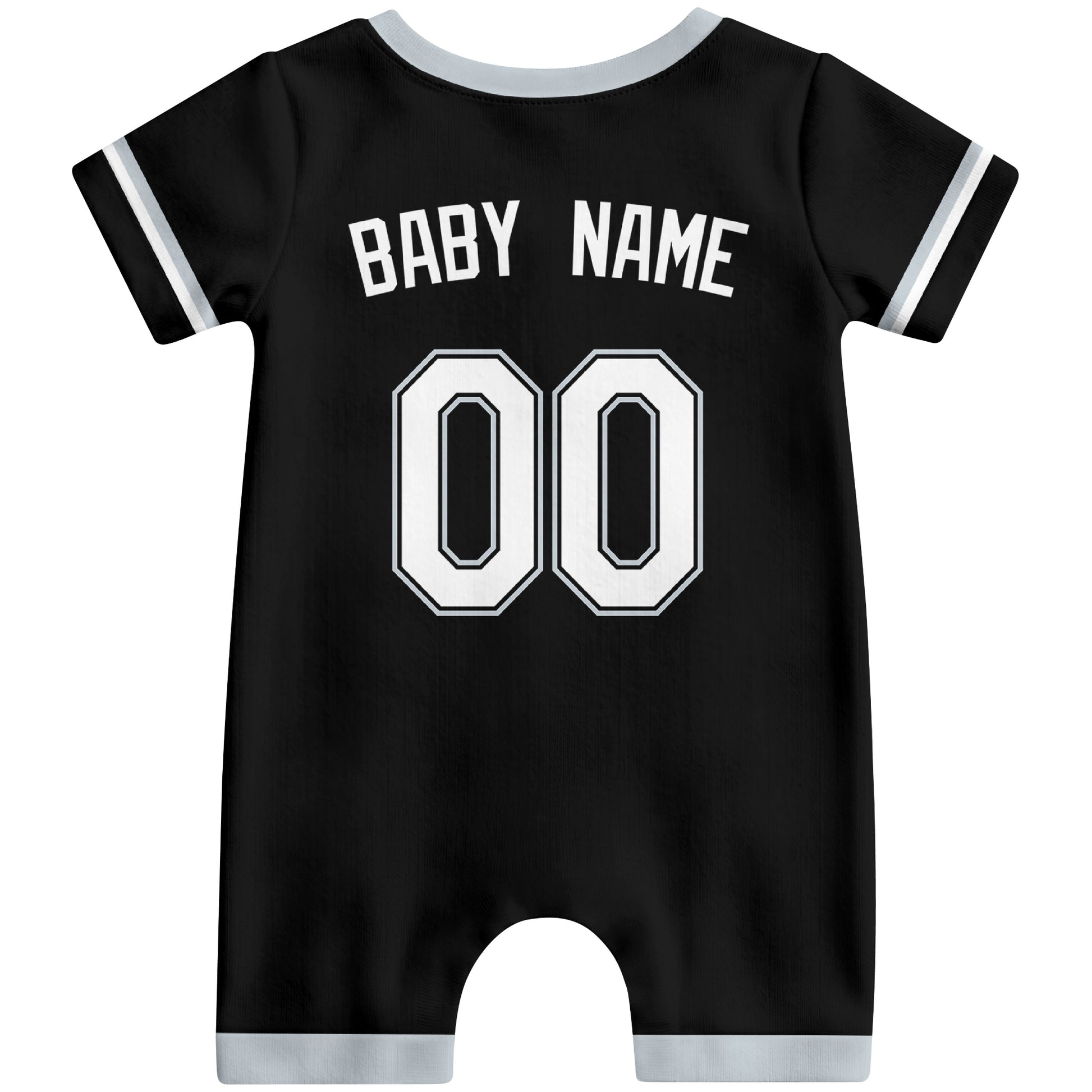 Back view of black custom baby romper with personalized name and number