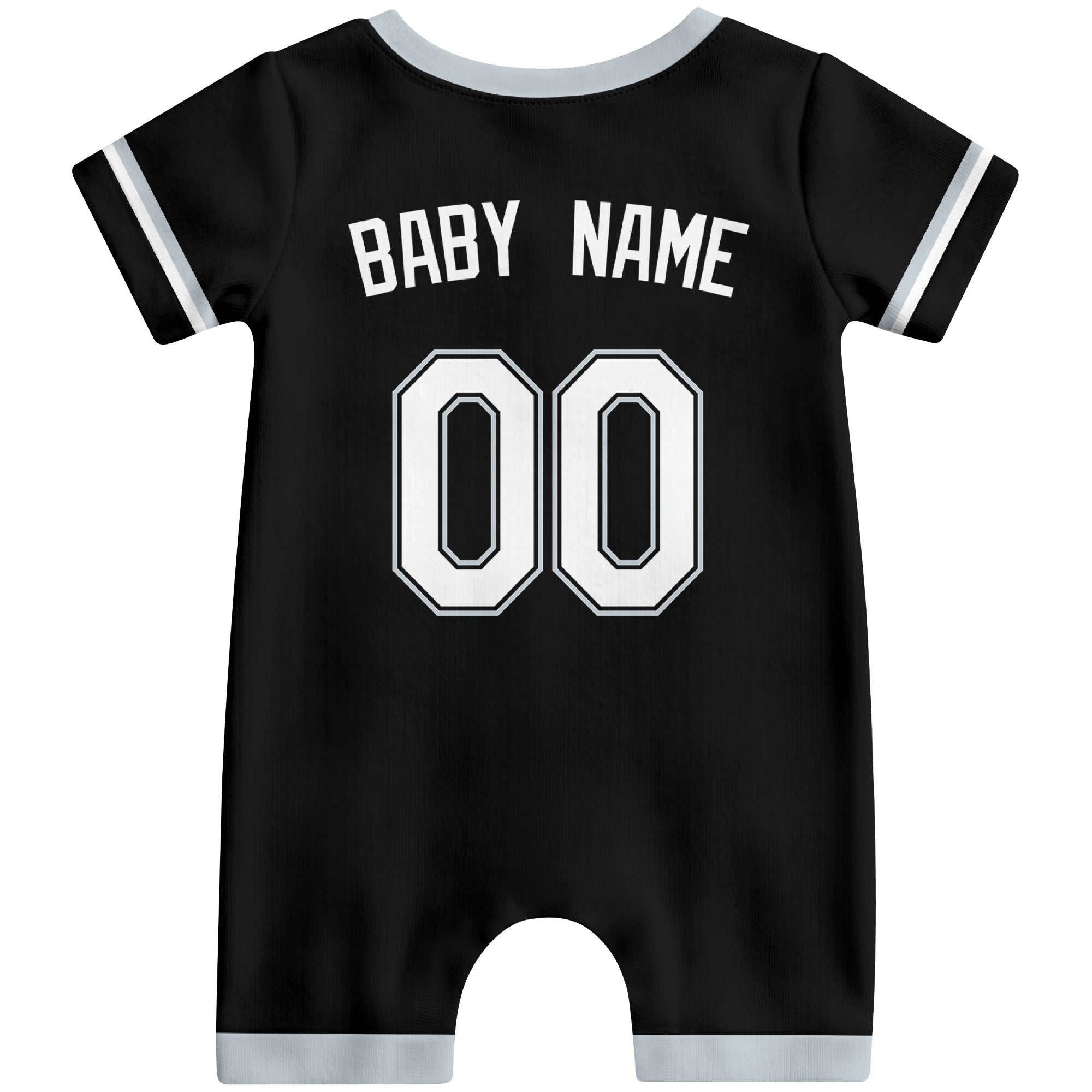 Back view of black custom baby romper with personalized name and number