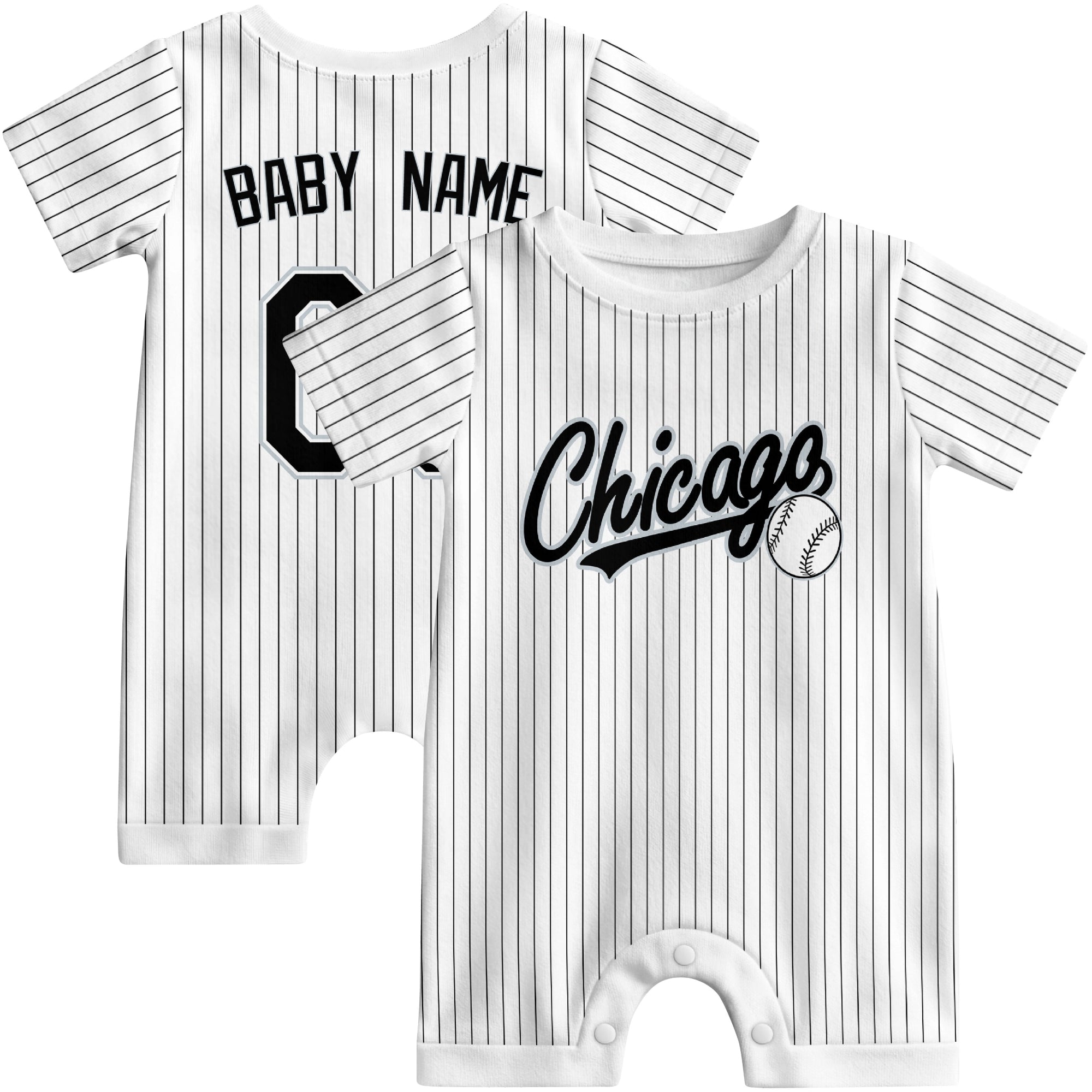Front and back view of white custom baseball-style baby romper