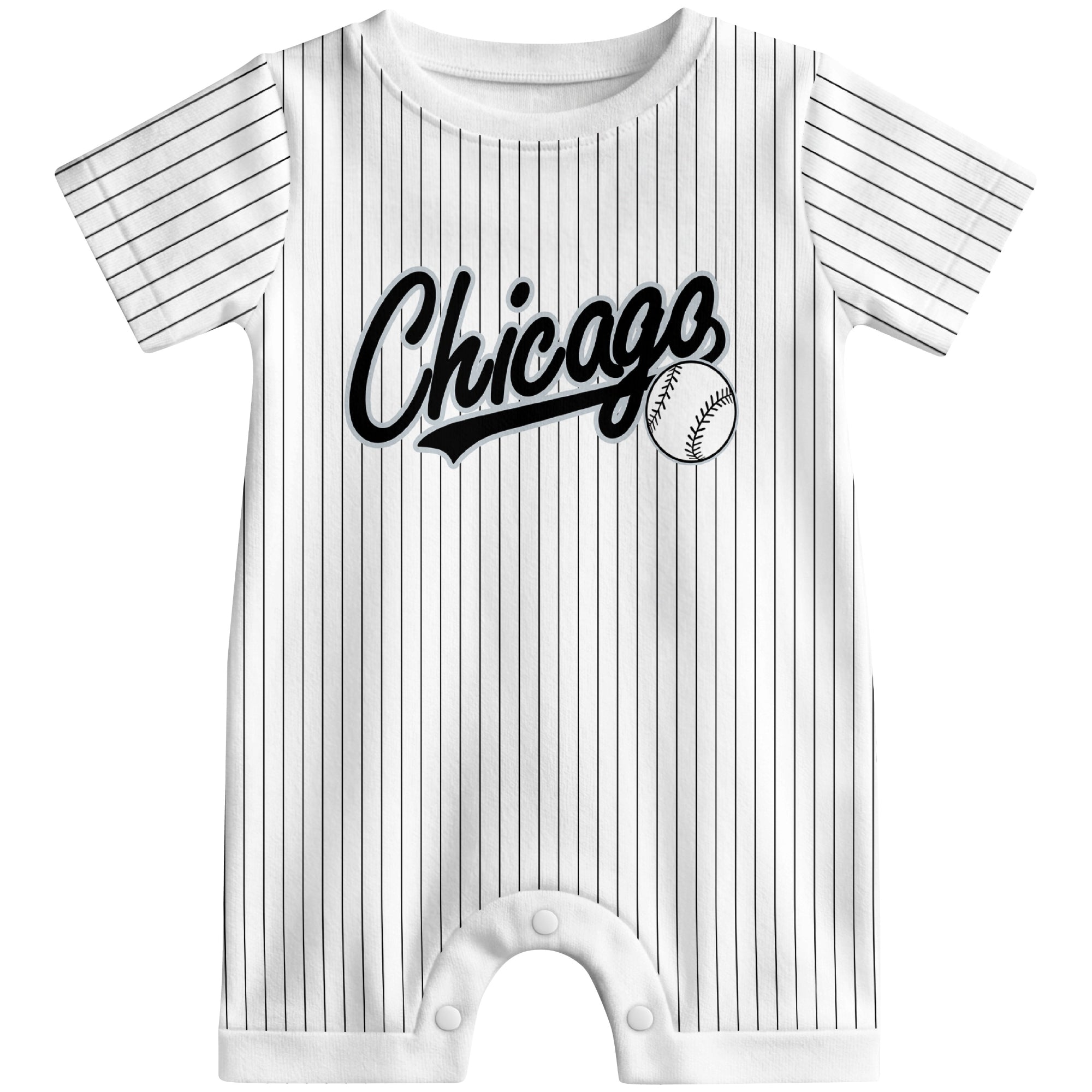 Front view of white custom baseball-style baby romper with team-inspired text design