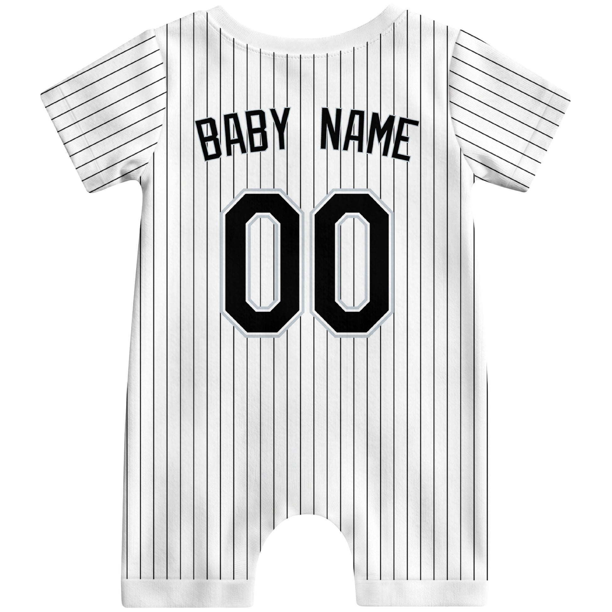 Back view of white custom baby romper with personalized name and number