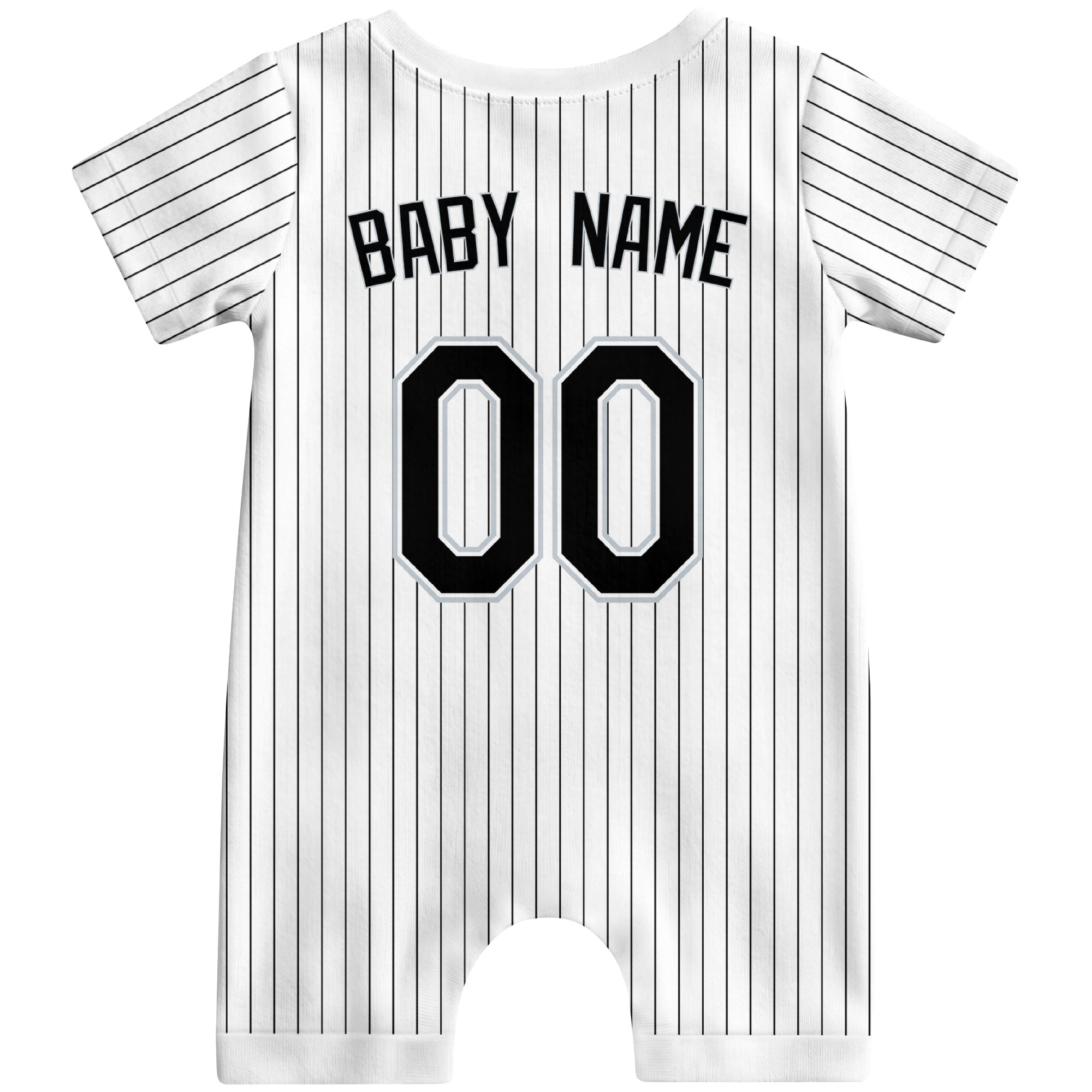 Back view of white custom baby romper with personalized name and number