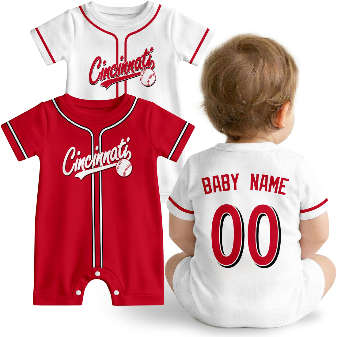 Cincinnati Baby wearing custom baseball-style romper in red and white with personalized name and number, shown beside two additional sporty color variations