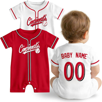 Cincinnati Baby wearing custom baseball-style romper in red and white with personalized name and number, shown beside two additional sporty color variations