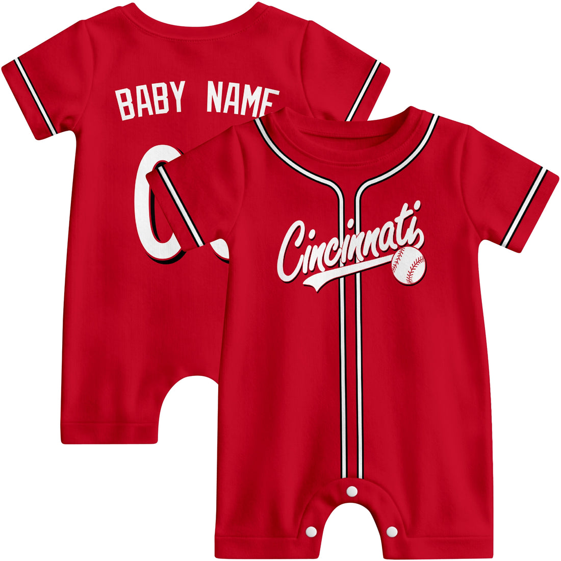 Cincinnati Baby wearing custom baseball-style romper in red and white with personalized name and number, shown beside two additional sporty color variations