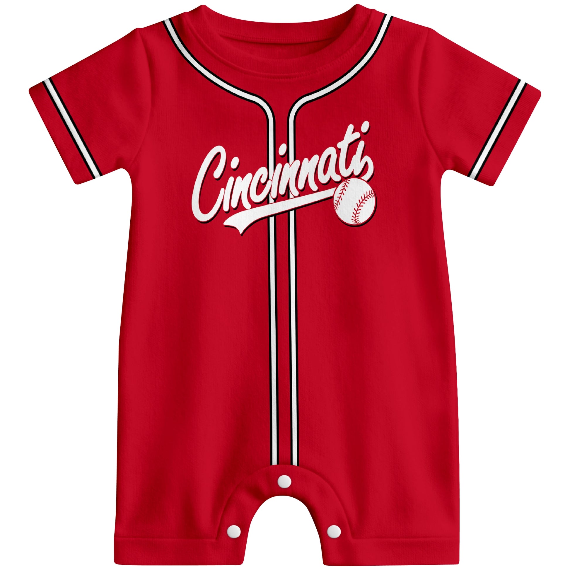 Front view of red custom baseball-style baby romper with team-inspired text design