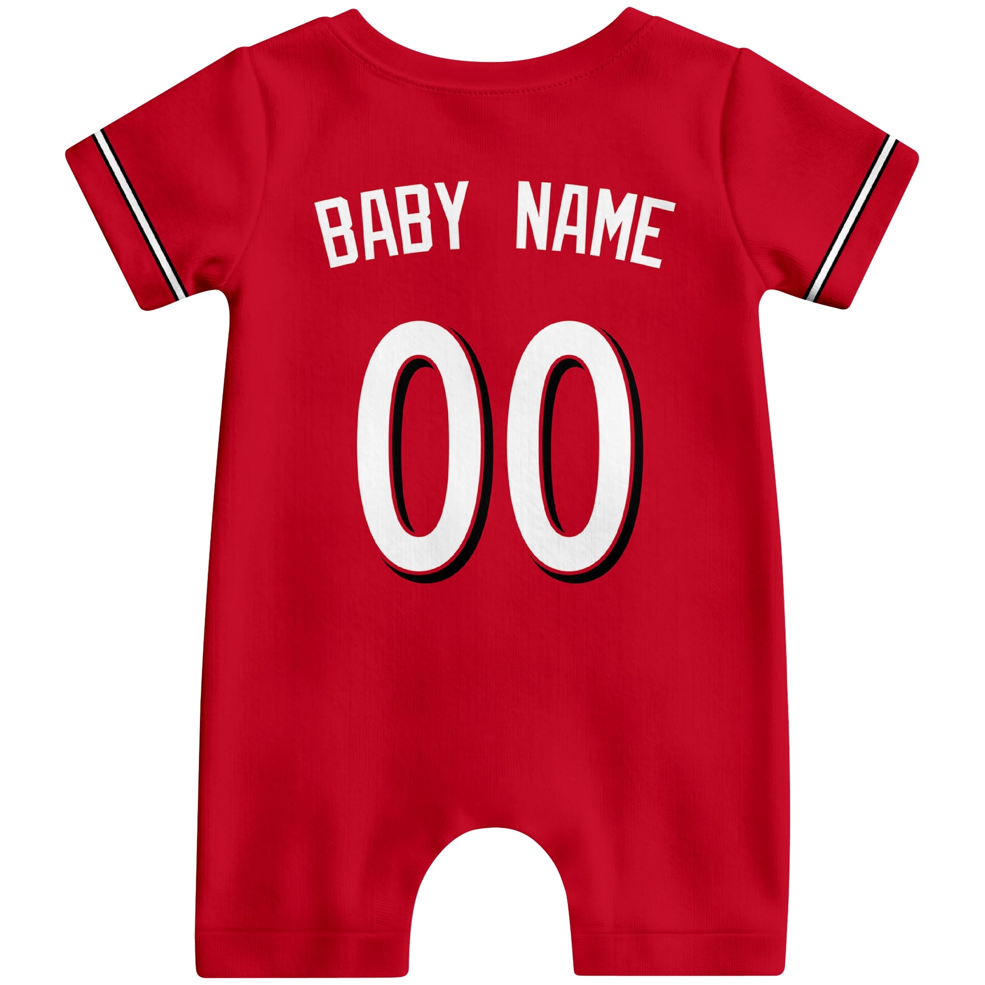 Back view of red custom baby romper with personalized name and number