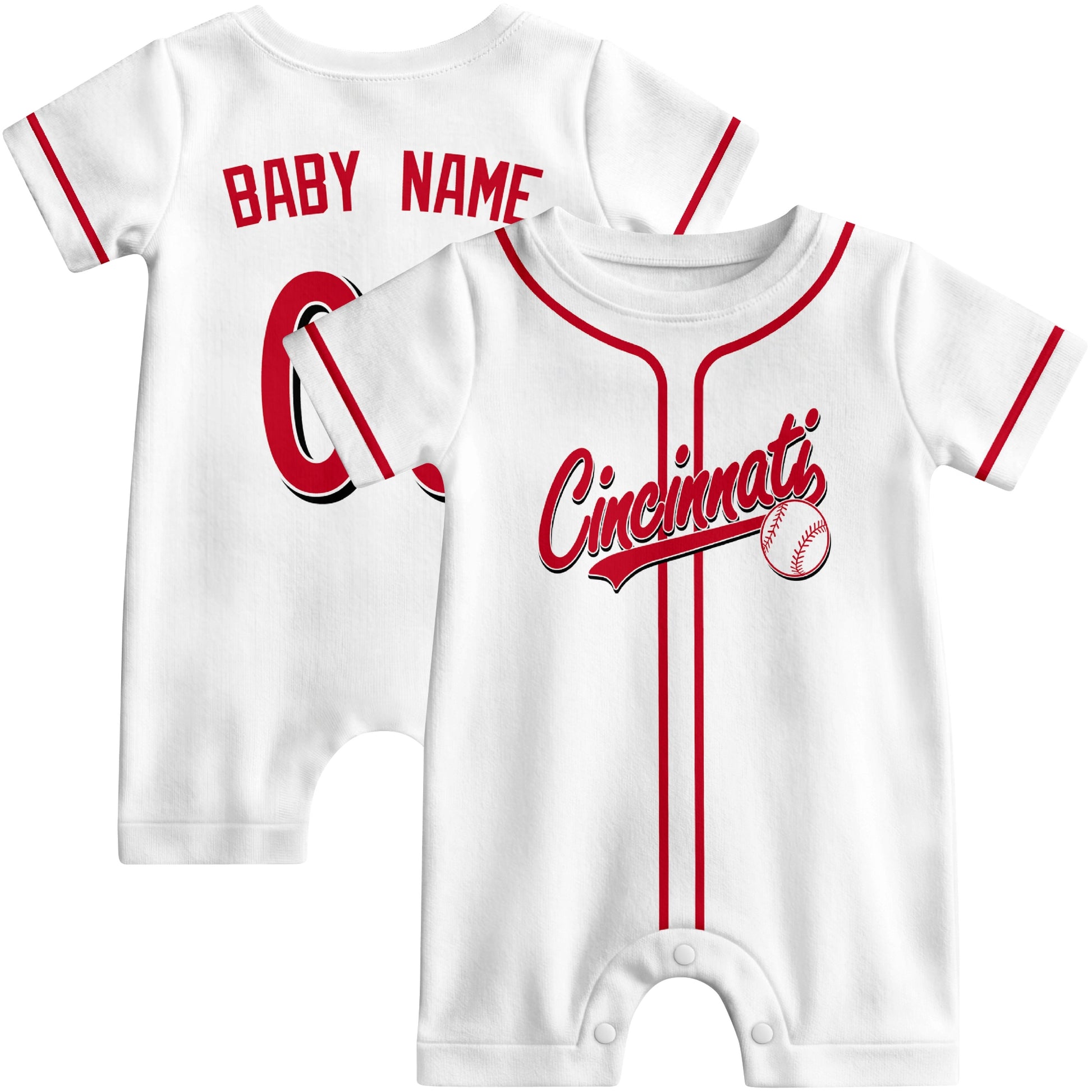 Front and back view of white custom baseball-style baby romper