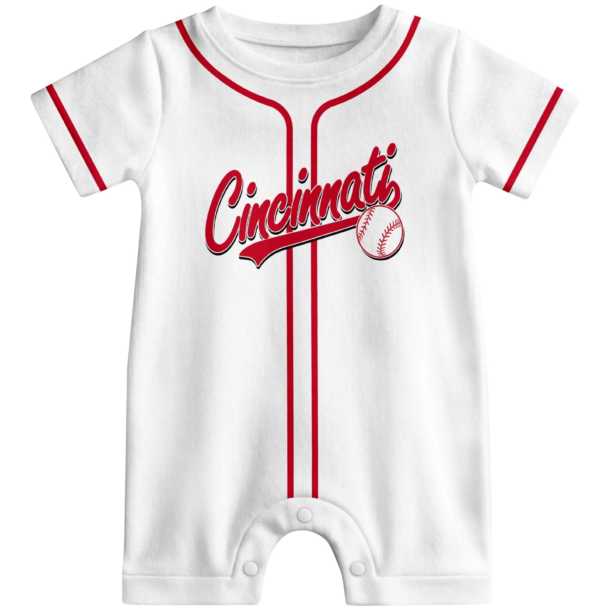 Front view of white custom baseball-style baby romper with team-inspired text design