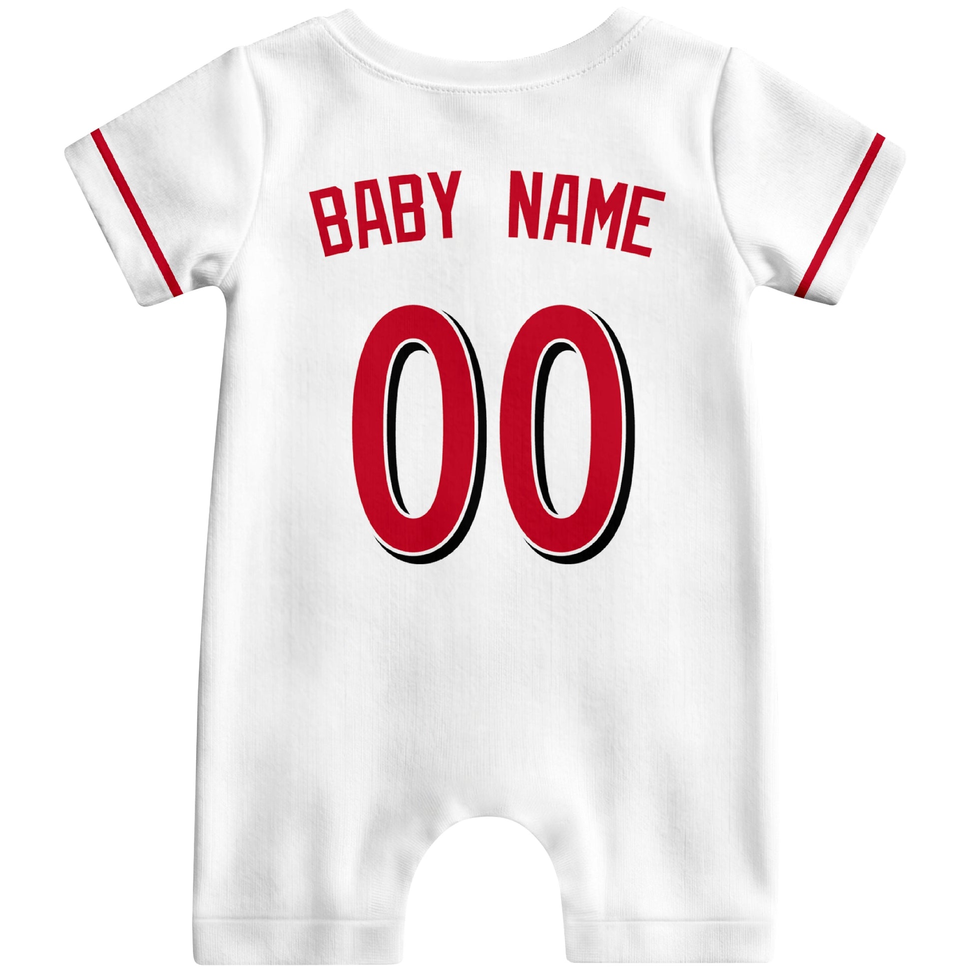 Back view of white custom baby romper with personalized name and number