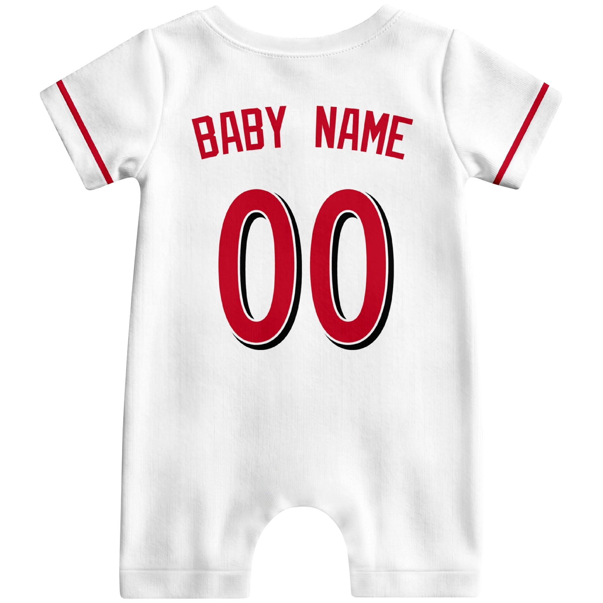 Back view of white custom baby romper with personalized name and number