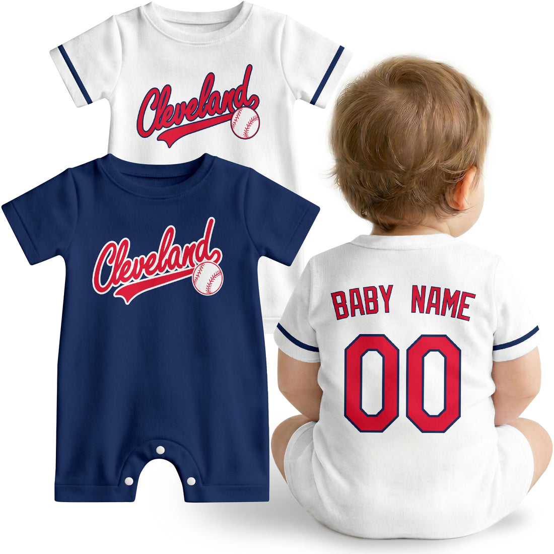 Cleveland Baby wearing custom baseball-style romper in navy and red with personalized name and number, shown beside two additional sporty color variations