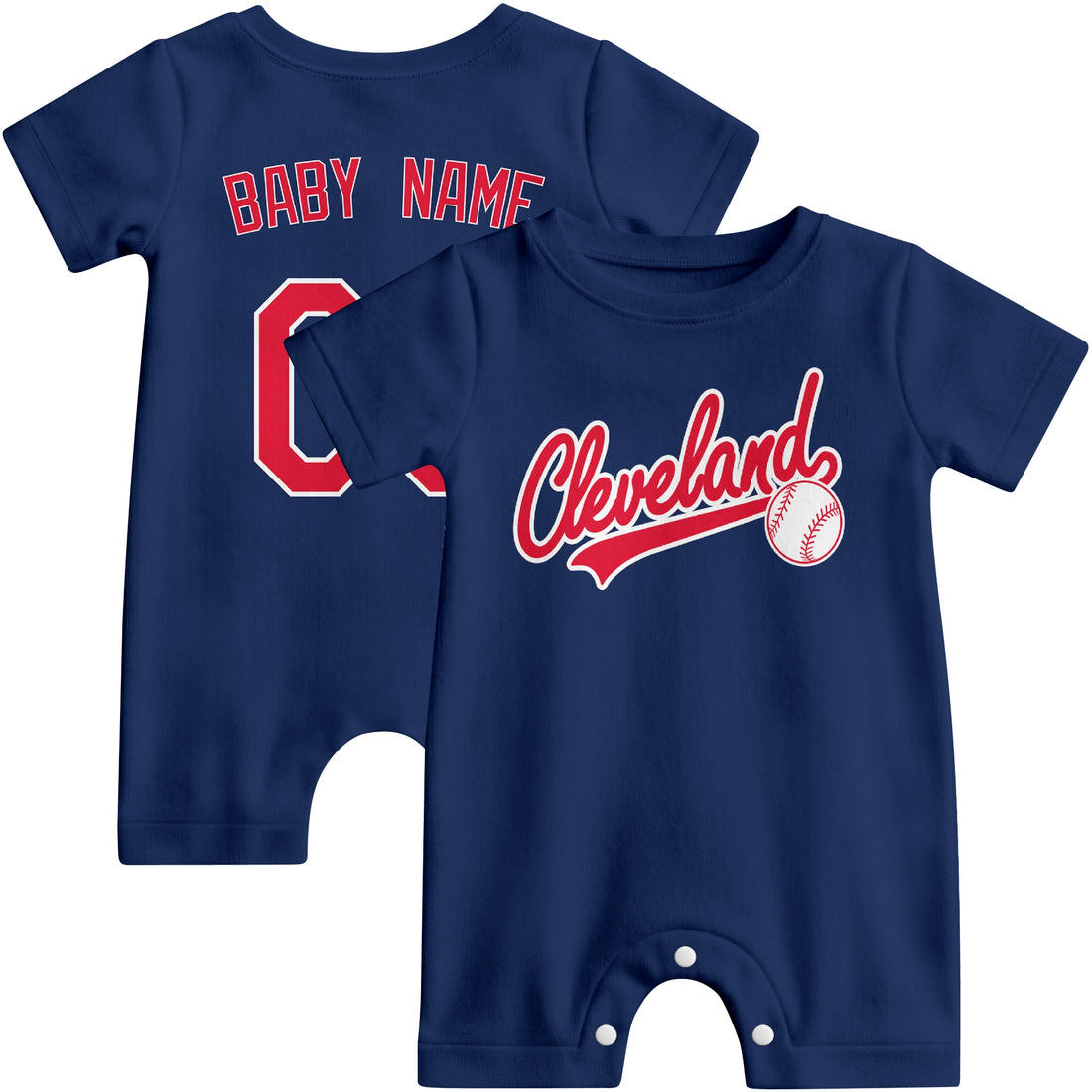 Cleveland Baby wearing custom baseball-style romper in navy and red with personalized name and number, shown beside two additional sporty color variations