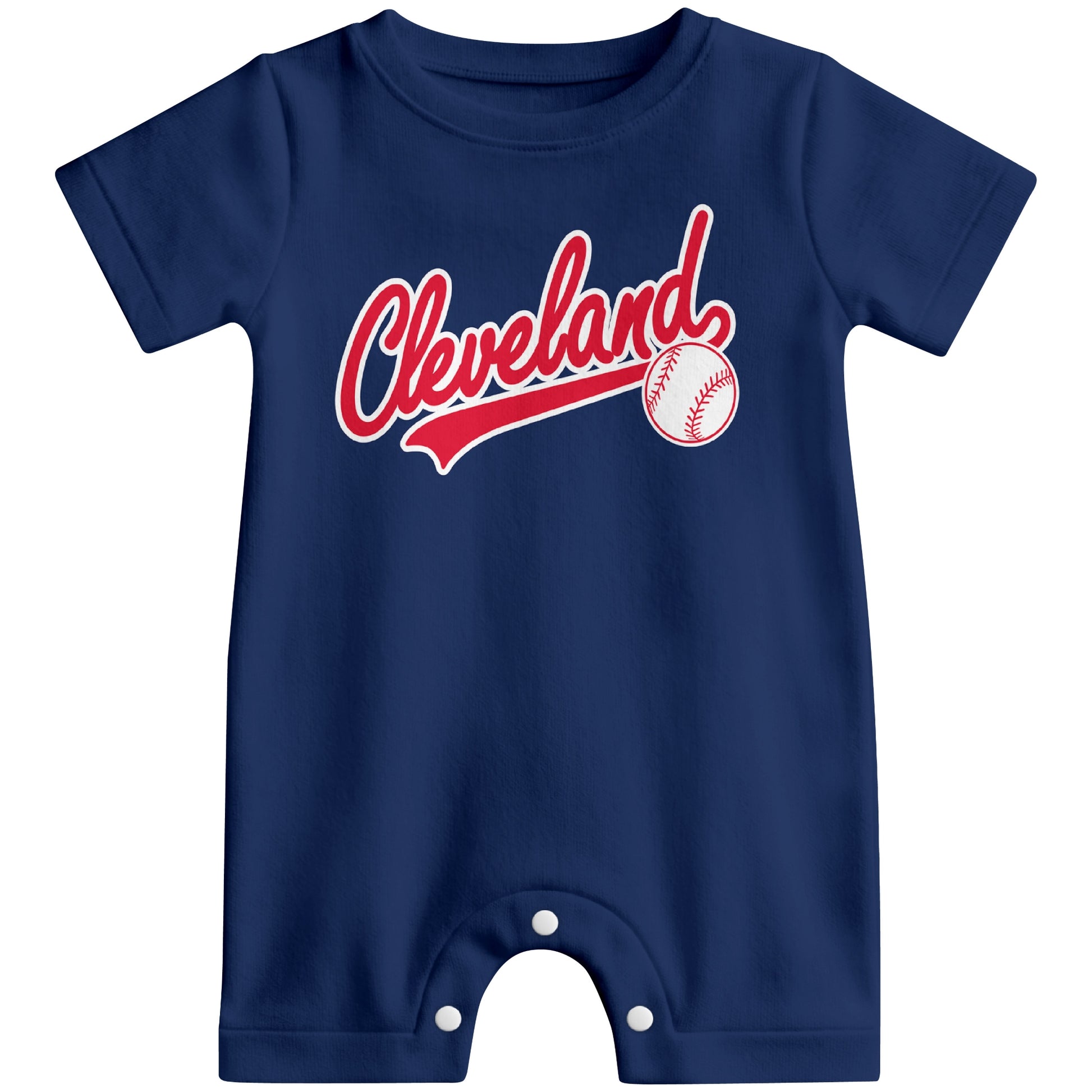 Front view of navy custom baseball-style baby romper with team-inspired text design