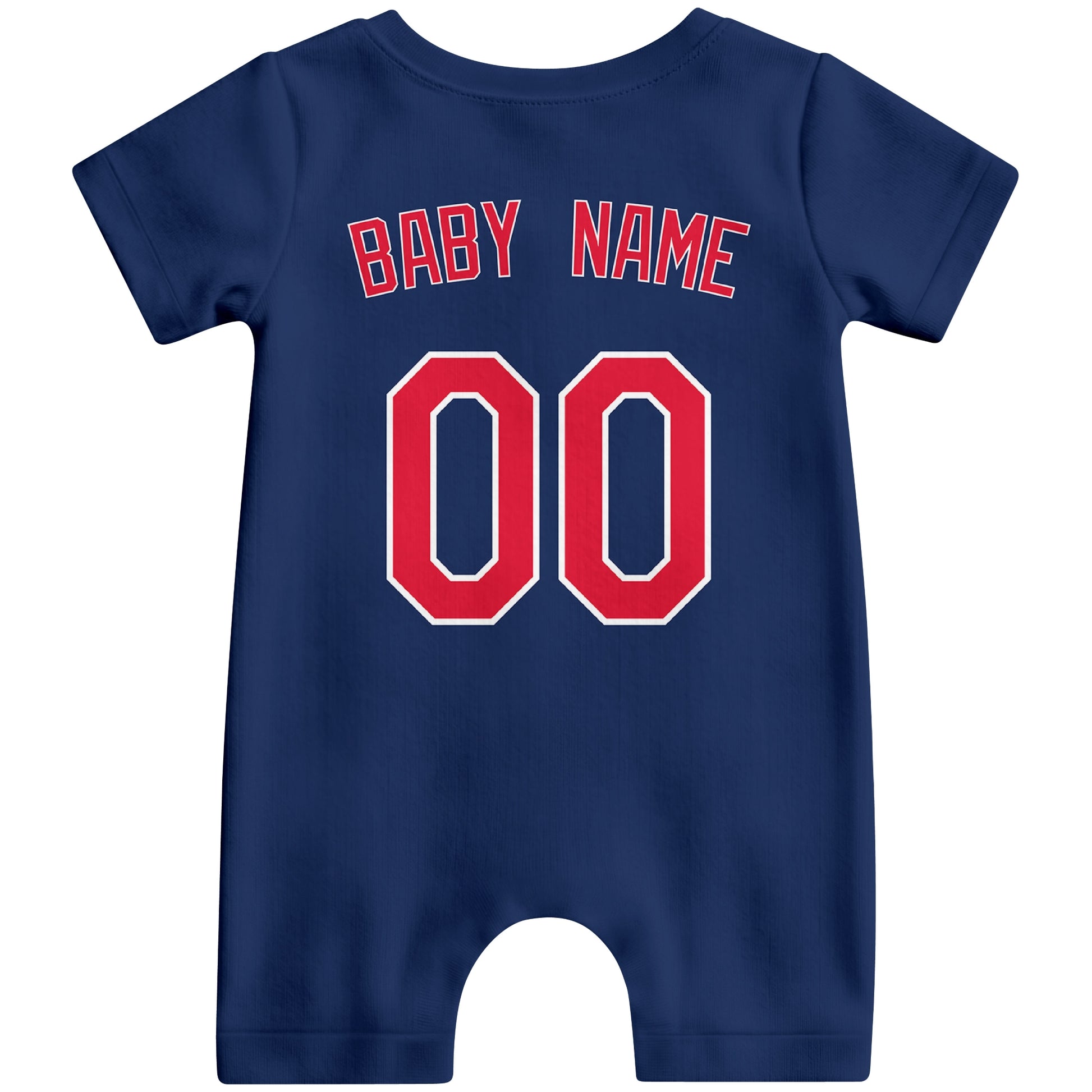 Back view of navy custom baby romper with personalized name and number