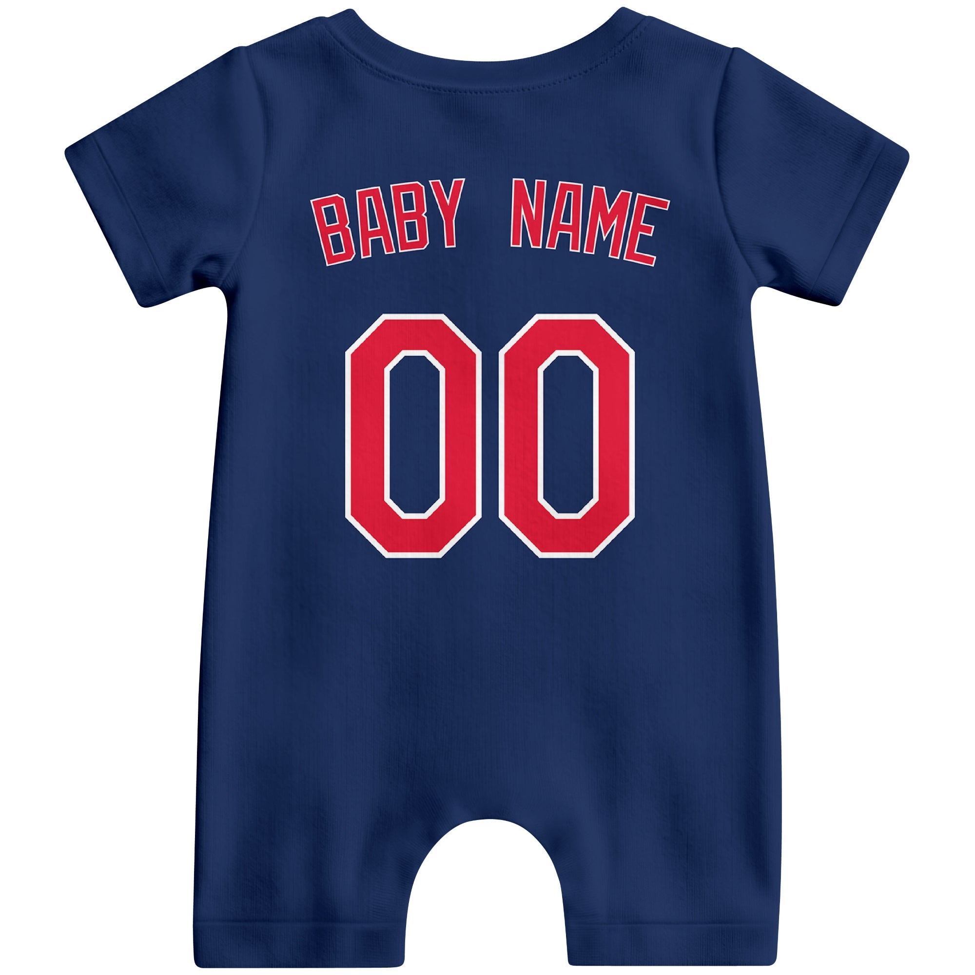 Back view of navy custom baby romper with personalized name and number